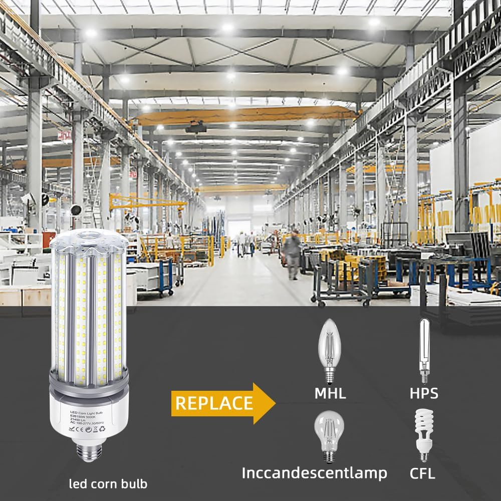 150W LED Corn Light Bulbs 2 Pack, AC110-277V, E26/E39 Base, 21450LM, Cob Bulb 5000K Daylight White Commercial Grade Corn Lights for Warehouse Parking Lots High Bay Street Light image 2