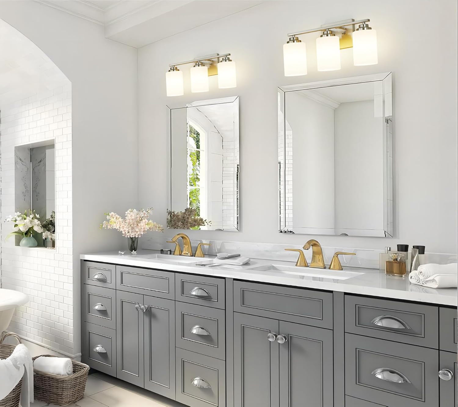 Brushed Nickel Bathroom Light Fixtures, 3-Light Bathroom Vanity Lighting Fixtures Over Mirror with Milky Glass, Modern Wall Sconce Lights for Bath, OS-JJ8301-3BN