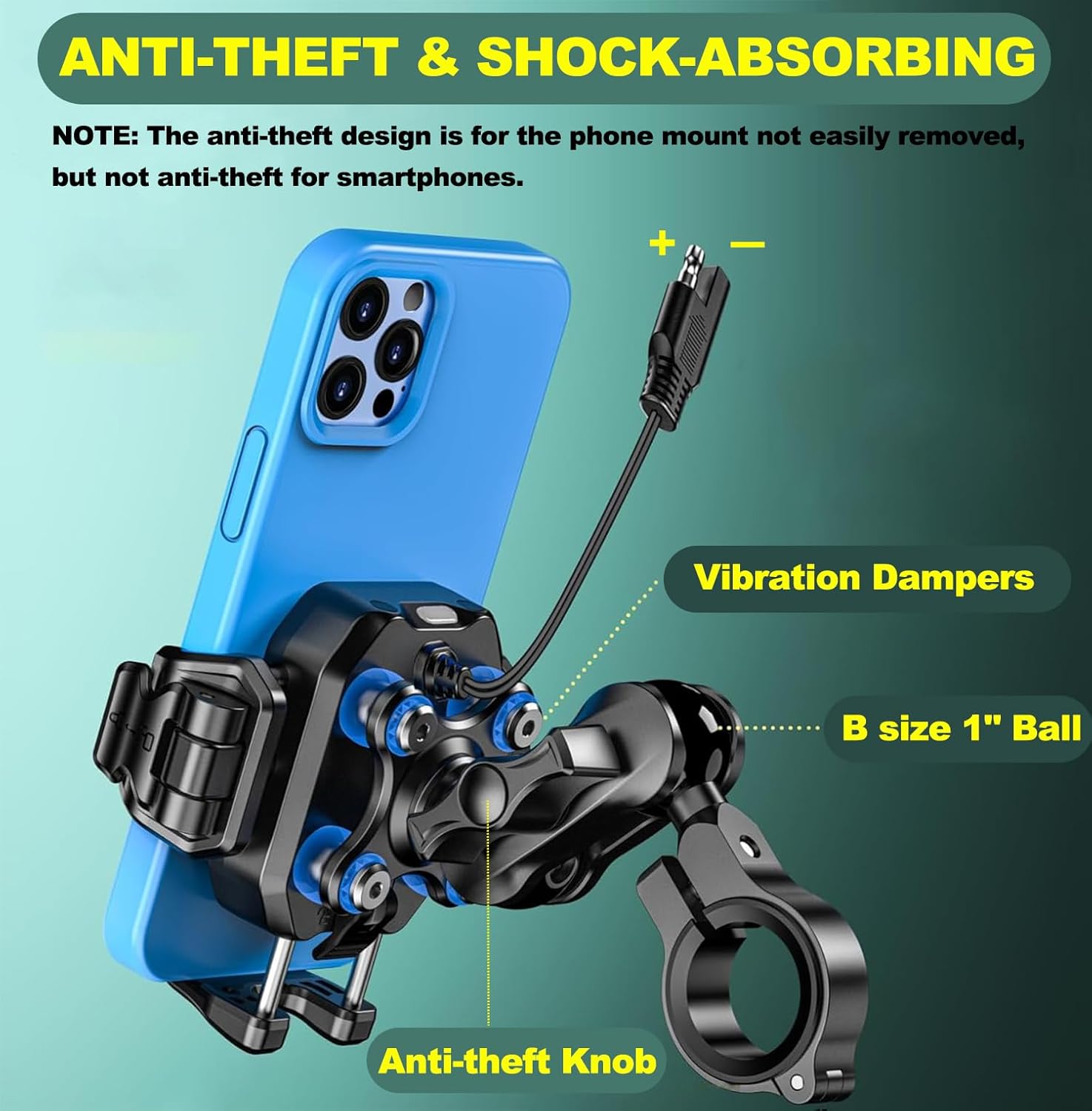 iMESTOU Motorcycle Wireless USB C Phone Mount Anti-Vibration, Anti-Theft 1" Ball Qi Phone Mount Suitable for 5.2"-7.2" Up to 15mm Thick Phones, Fits for 22-32mm Handlebars, Works with 12-24V Vehicles