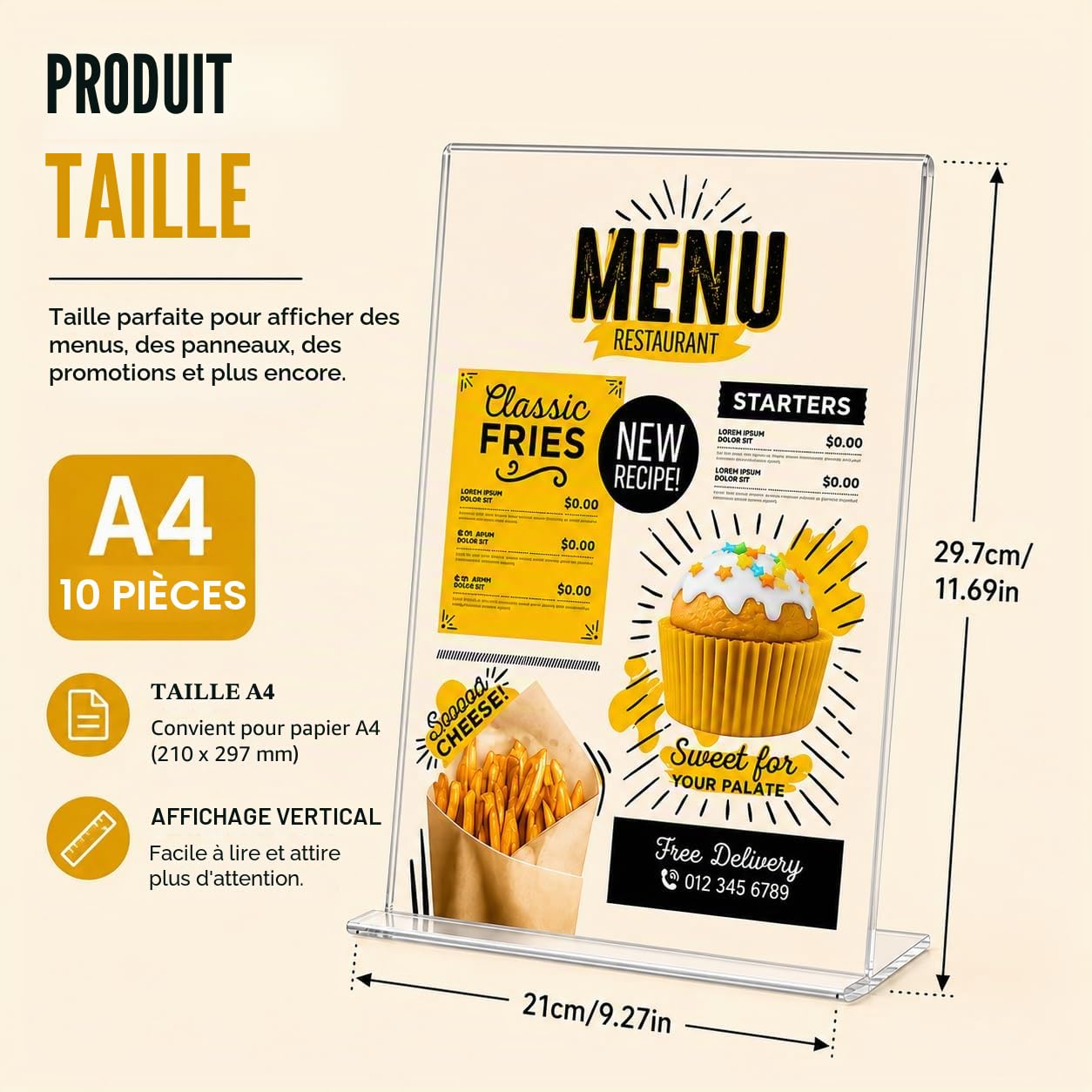 Lot de 10 Document A4 Incliné en Acrylique Transparent – Porte-affiche en L pour table, publicité, cadre photo, pancartes, brochures, dépliants, menus, affichage. Maison, bureau, magasin
