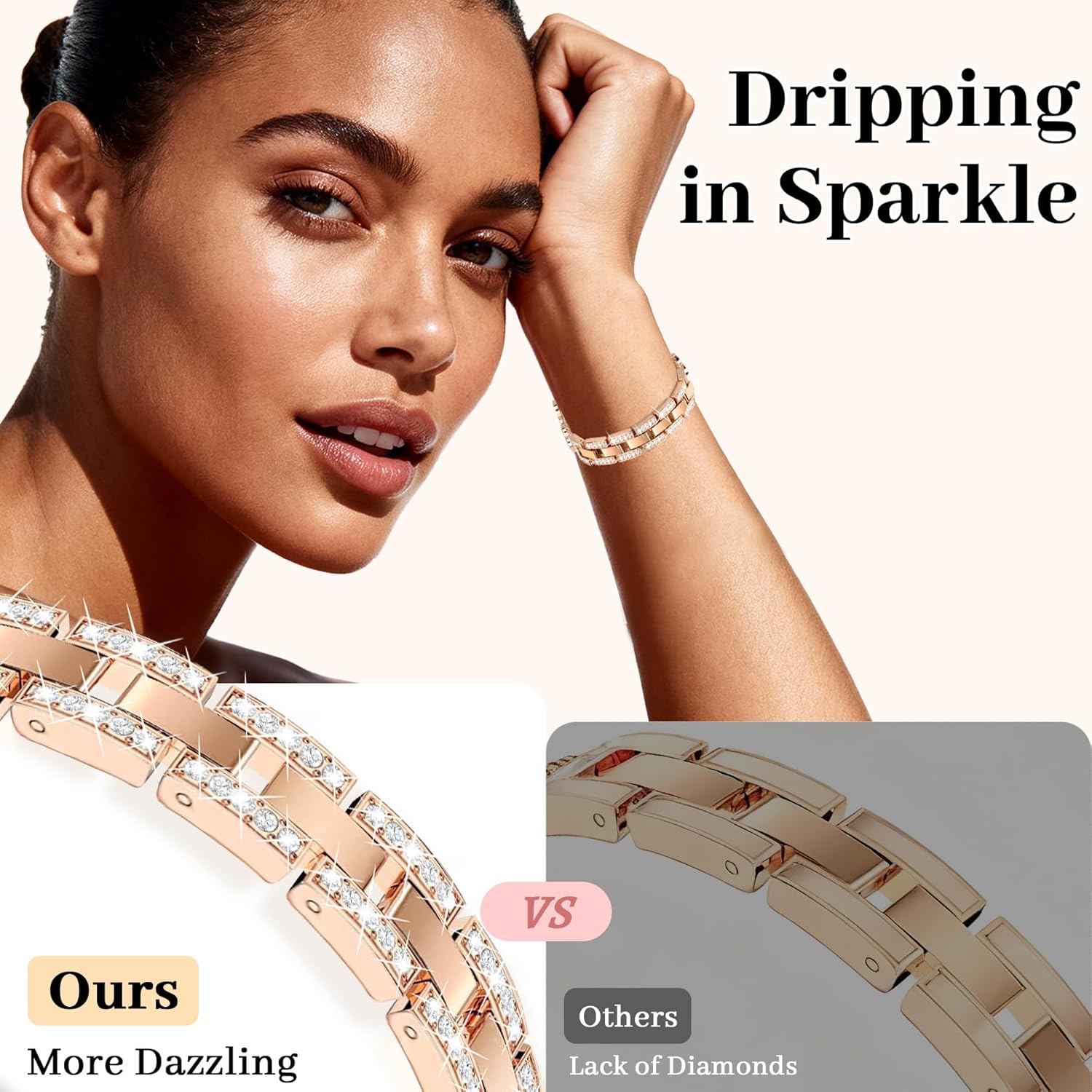 Rose Gold Bling Diamond Clover Band Women Compatible with Apple Watch 40mm 38mm 41mm 42mm(S10/11) Lucky Cute Sparkle Dressy Bracelet Metal Strap for iWatch Series 11/10/9/8/7/6/5/4/SE 3/2/1 - Image 4