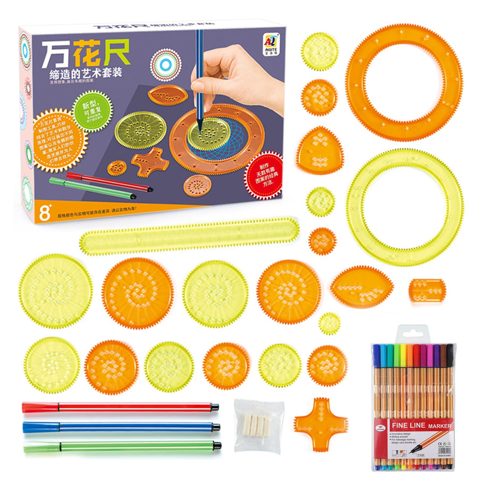Spiral Art Gear Geometric Ruler for Drawing Plastic Spiral Circle Template Ruler Drawing Toy+12 Color Scoring Pen Set