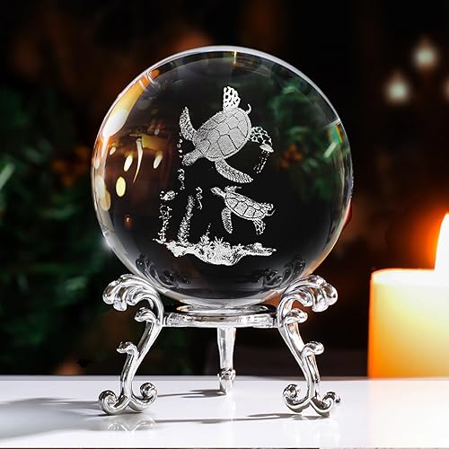 Pisapapeles de bola decorativa de cristal 3D con soporte gratuito, esfera de grabado artística de vidrio para exhibición y decoración (tortuga de