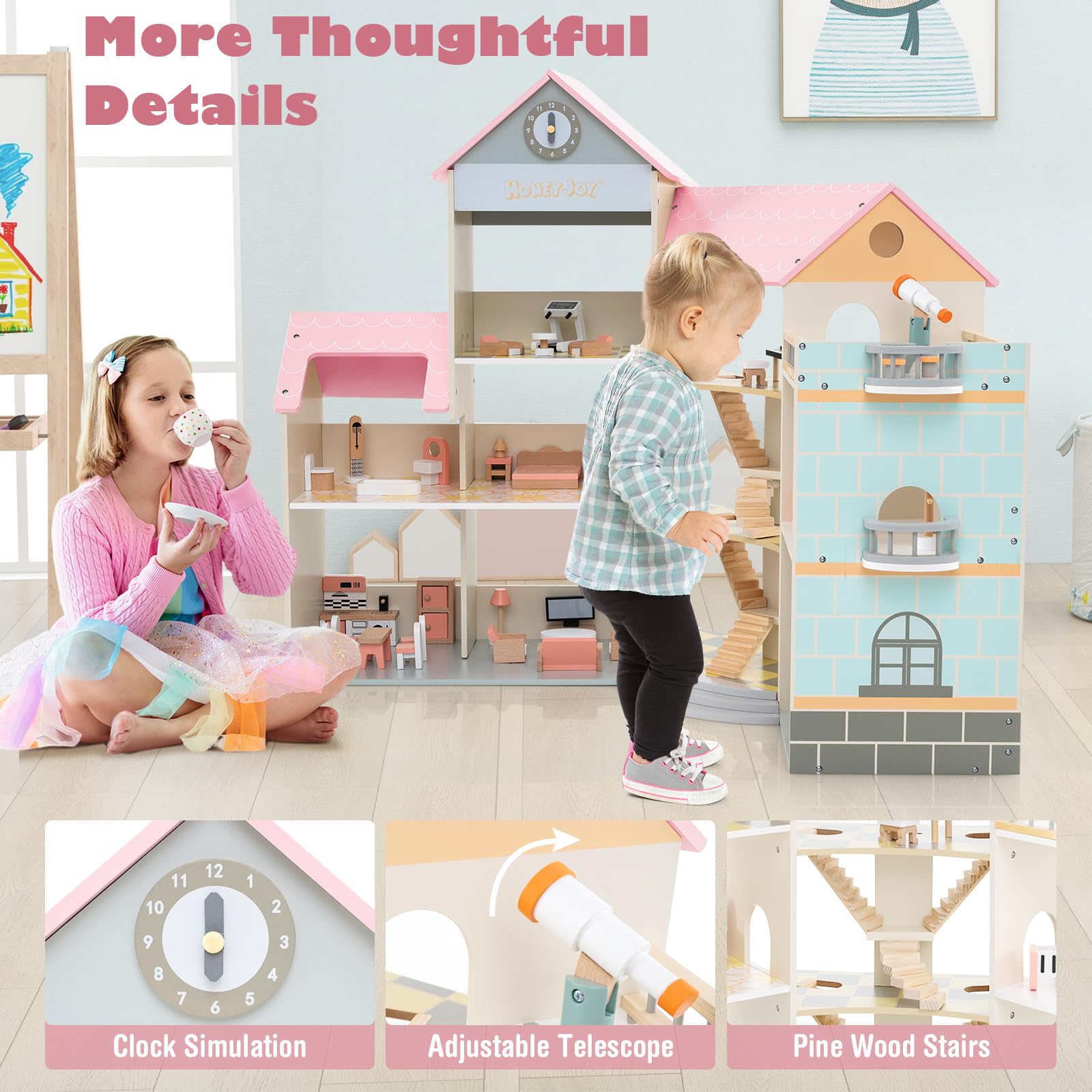 HOMASIS Casa delle Bambole in Legno per Bambini su 3 Livelli, Doll House con 42 Mobili e Accessori con 7 Stanze, Bella Casa da Sogno Principessa per Bambole, per Bambini 3+ Anni (Rosa)