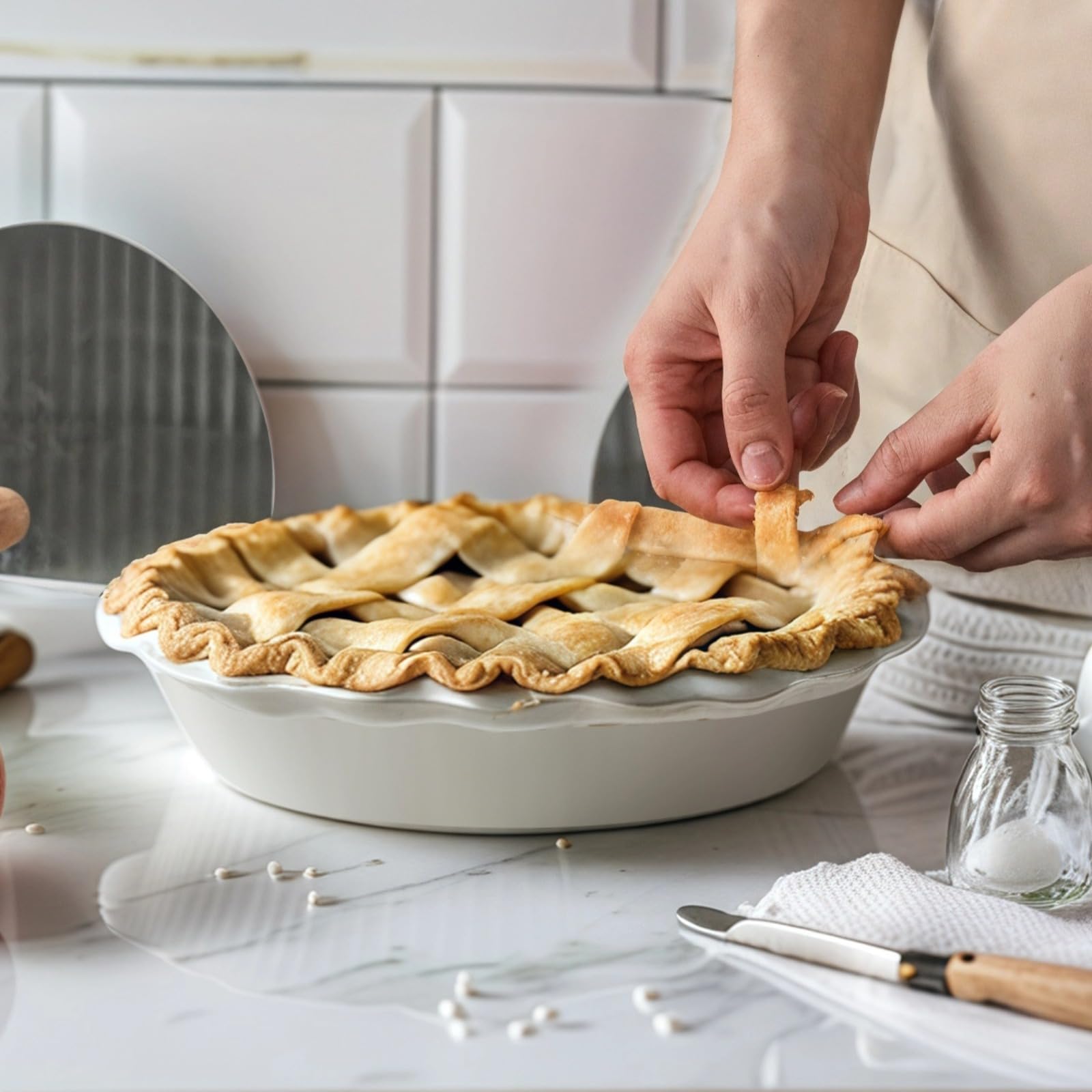 Lot de 2 moules à tarte en céramique, 25 cm, grand plat à quiche profond pour pâtisserie, design ondulé élégant, blanc