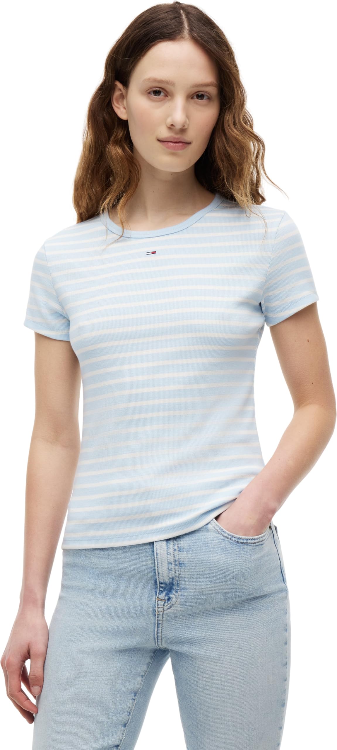 Tommy Jeans Women’s Short Sleeve Essential Rib Slim Fit T-Shirt, Blue (Kingly Blue/Stripe), XS