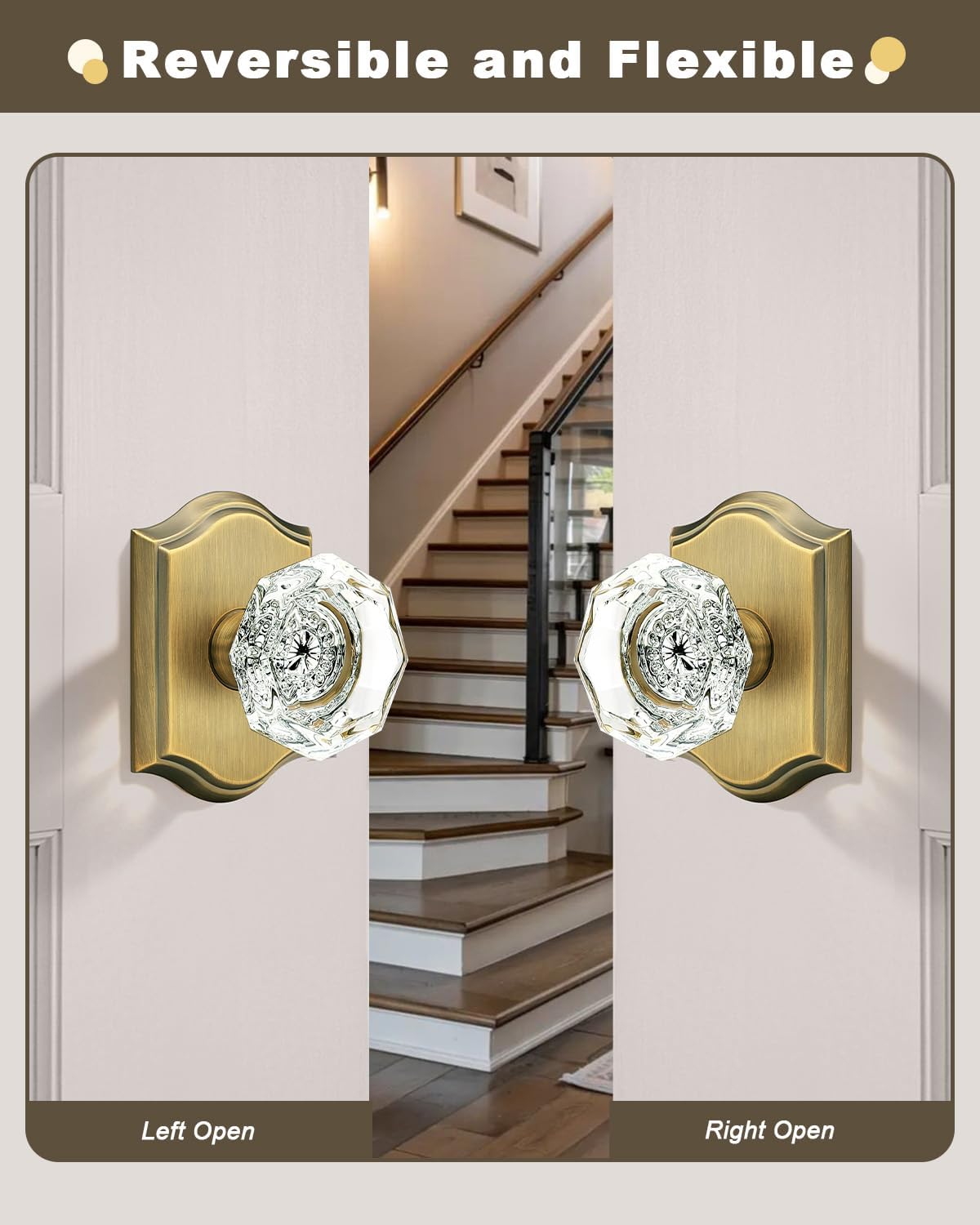 Gobrico Antique Brass Dummy Crystal Door Knob, Single Side No-Turning Glass Door Handles, 4 Pack Inactive Diamond Octagonal Knob Set