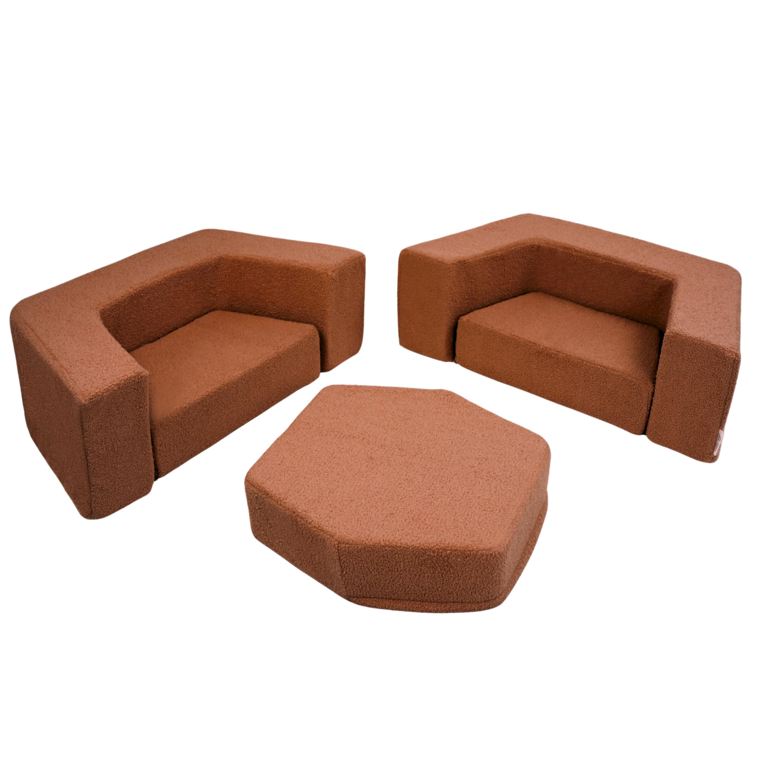 Flumi Kinderspielplatz aus Schaumstoff Montessori 6-teiliges Indoor Spielset, modulare Softbausteine für motorische Entwicklung mit waschbarem Bezug (braun Boucle)