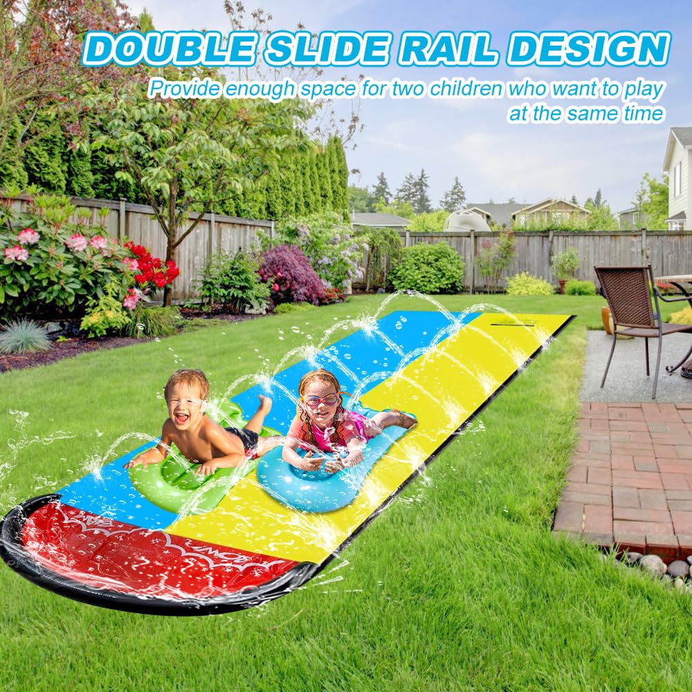 Scivolo d'acqua da giardino per bambini, 6,1 x 1,4 m, scivolo gonfiabile con 2 bodyboard, doppio scivolo d'acqua con irrigatore integrato, giocattolo acquatico per bambini adulti all'aperto