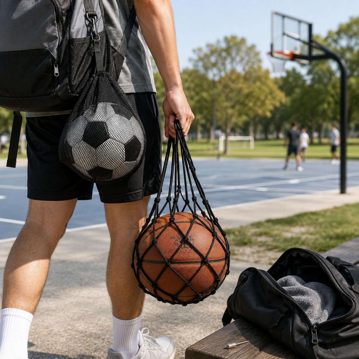 Bolsas de Red para Balones con Cordón y Gancho, Mochilas Portátiles para Baloncesto, Fútbol, Voleibol y Rugby, con Aguja de Inflado