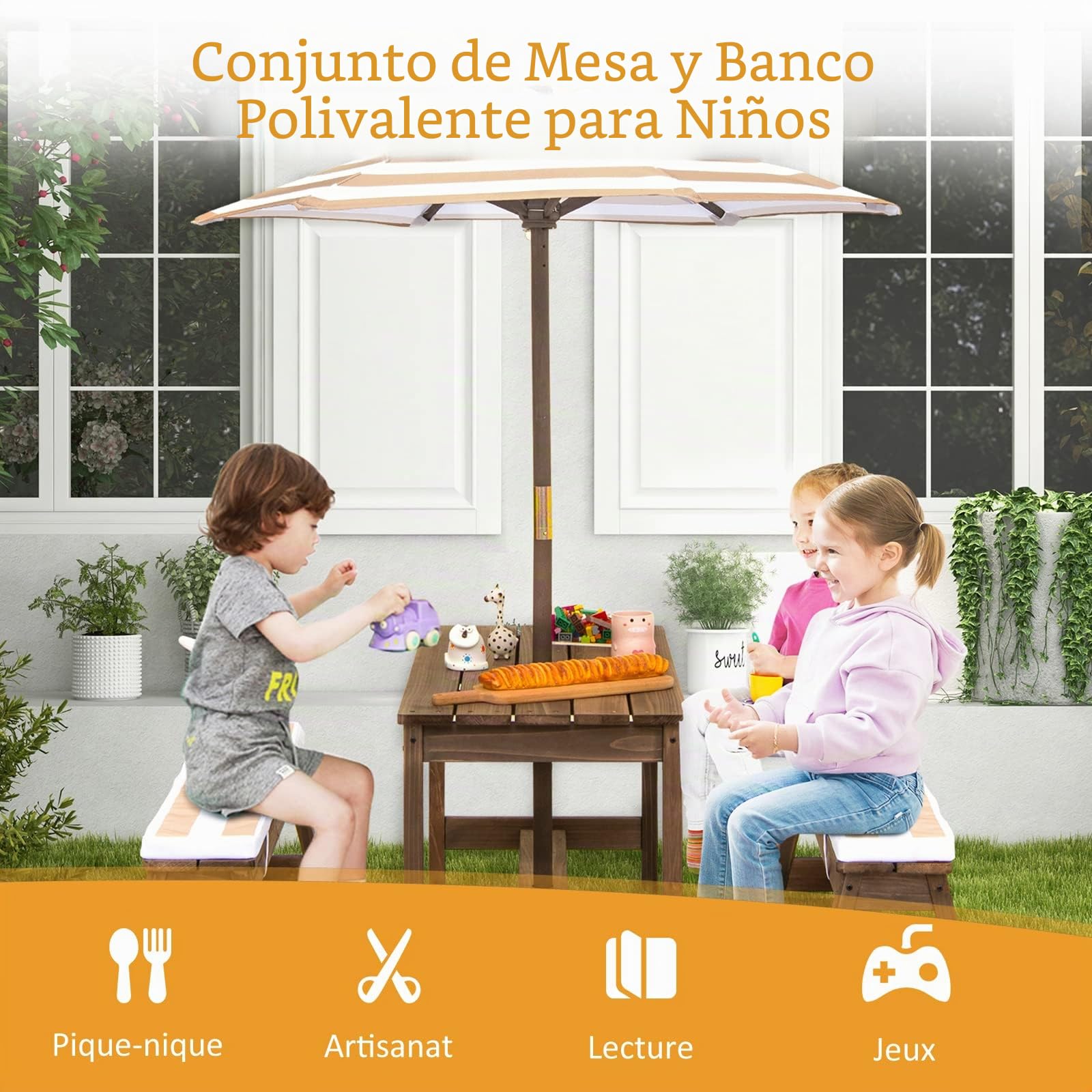 GOPLUS Conjunto 4 en 1 de 1 Mesa +2 Banco +1 sombrilla para niños, Mesa de Actividades y Banco de Madera de Abeto para niños, Conjunto de Muebles portátiles de Exterior para 4 Personas (marrón)