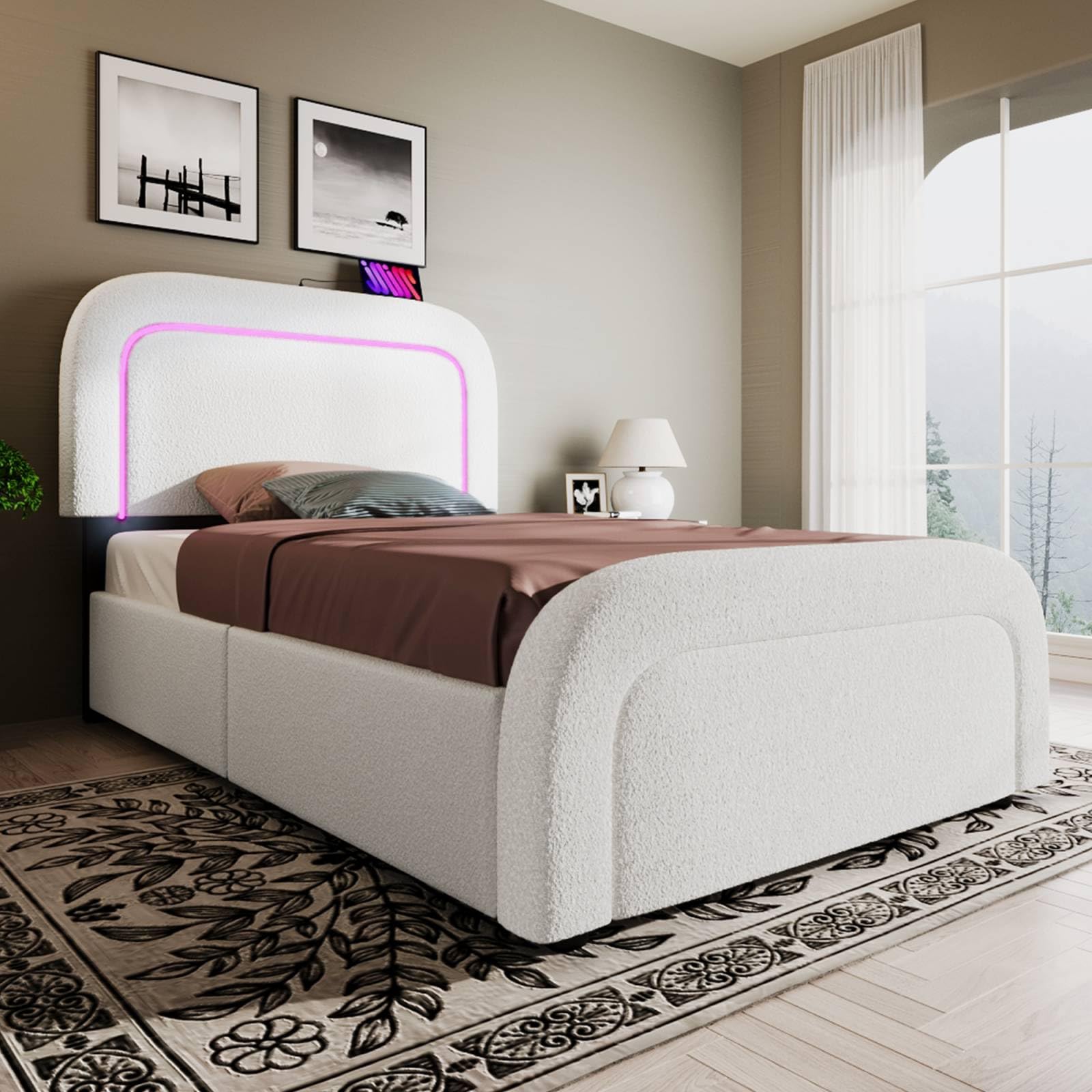 Lit Rembourré KOMHTOM 90x200cm - Tête De Lit Réglable - Sommier Lattes Bois - Blanc/Rose