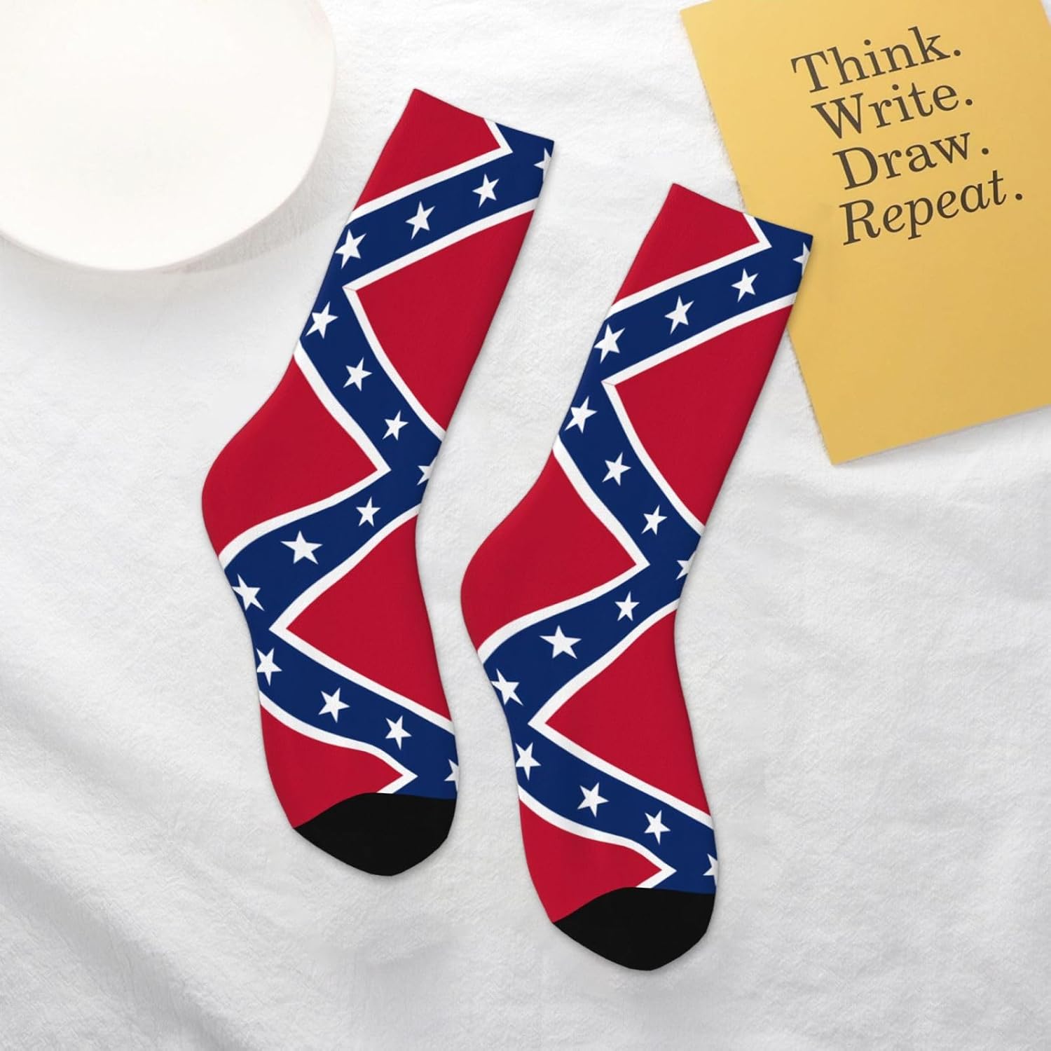 Confederate flag Printed 1 Black stretch mid calf socks, warm and suitable for sports and running.