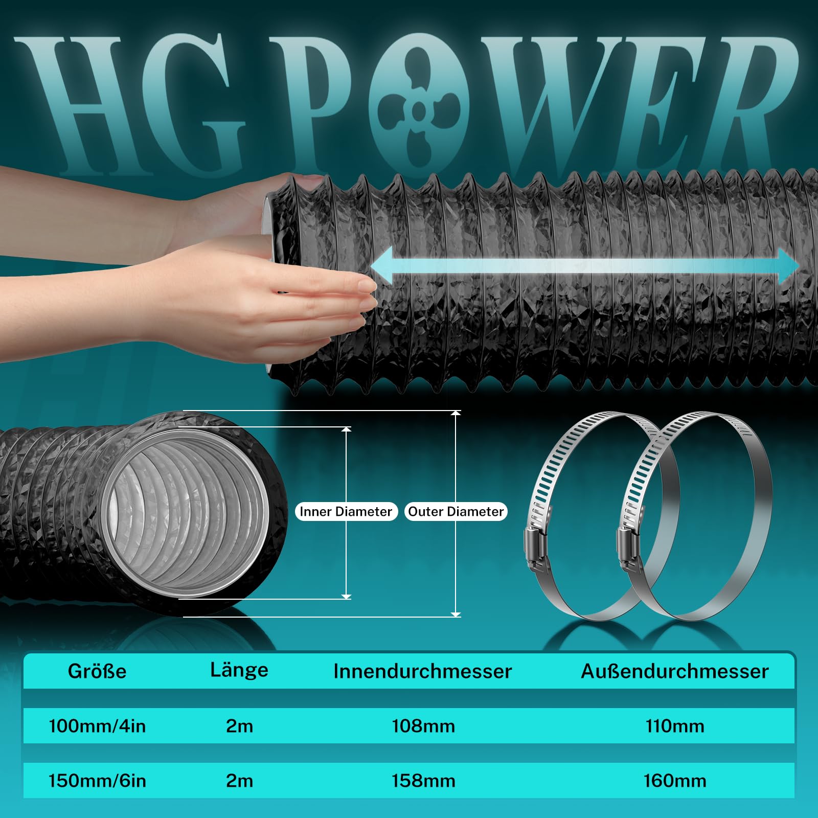 HG Power Tuyau en aluminium de 150 mm de longueur de 2 m renforcé et flexible avec 2 colliers de serrage pour hotte aspirante, ventilateur de tuyau, sèche-linge, climatisation, noir