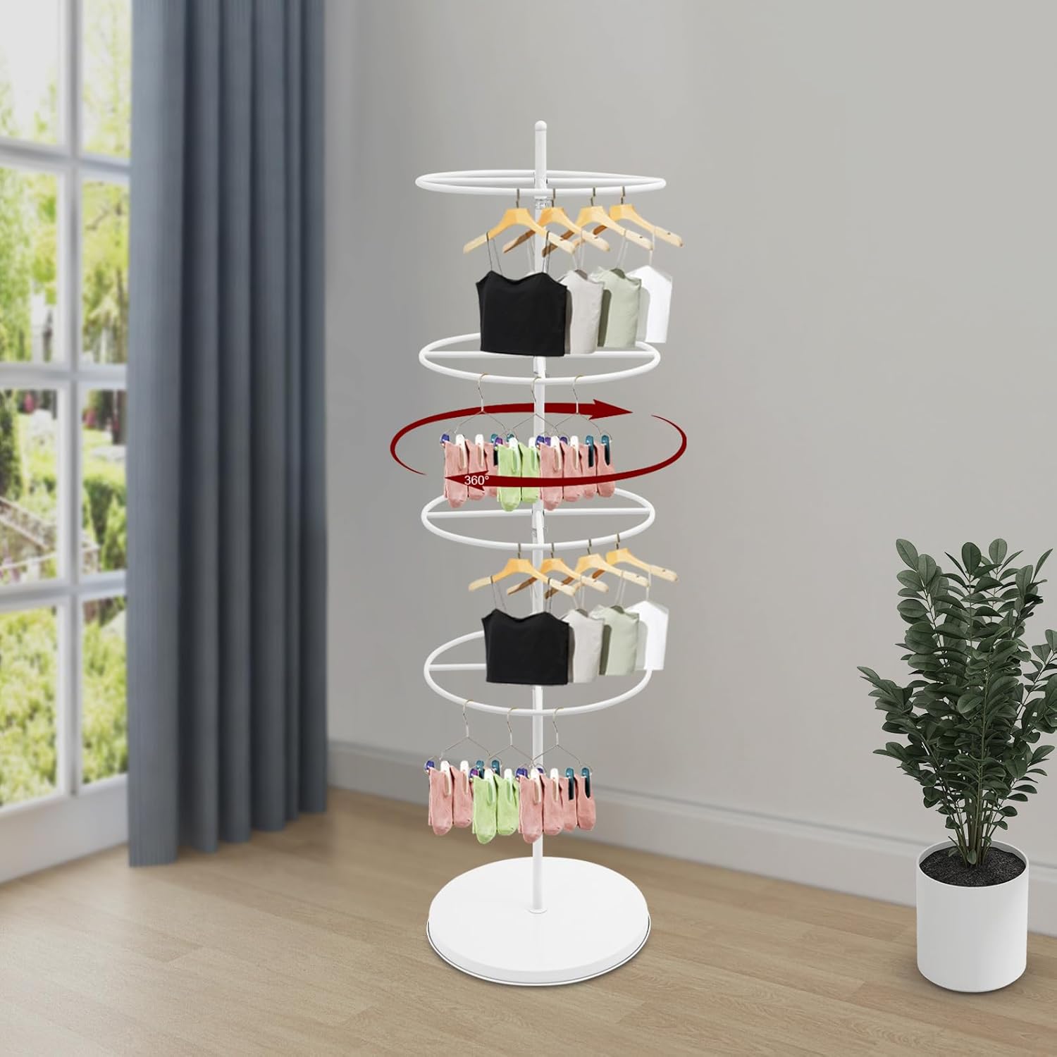 Round Garment Racks, 4 Tier Rotating Clothing Display Rack 360° Rotary Clothes Shelf Commercial Clothing Organizer Freestanding Retail Display Stand for Home Bedroom Retail Boutiques (Blue)