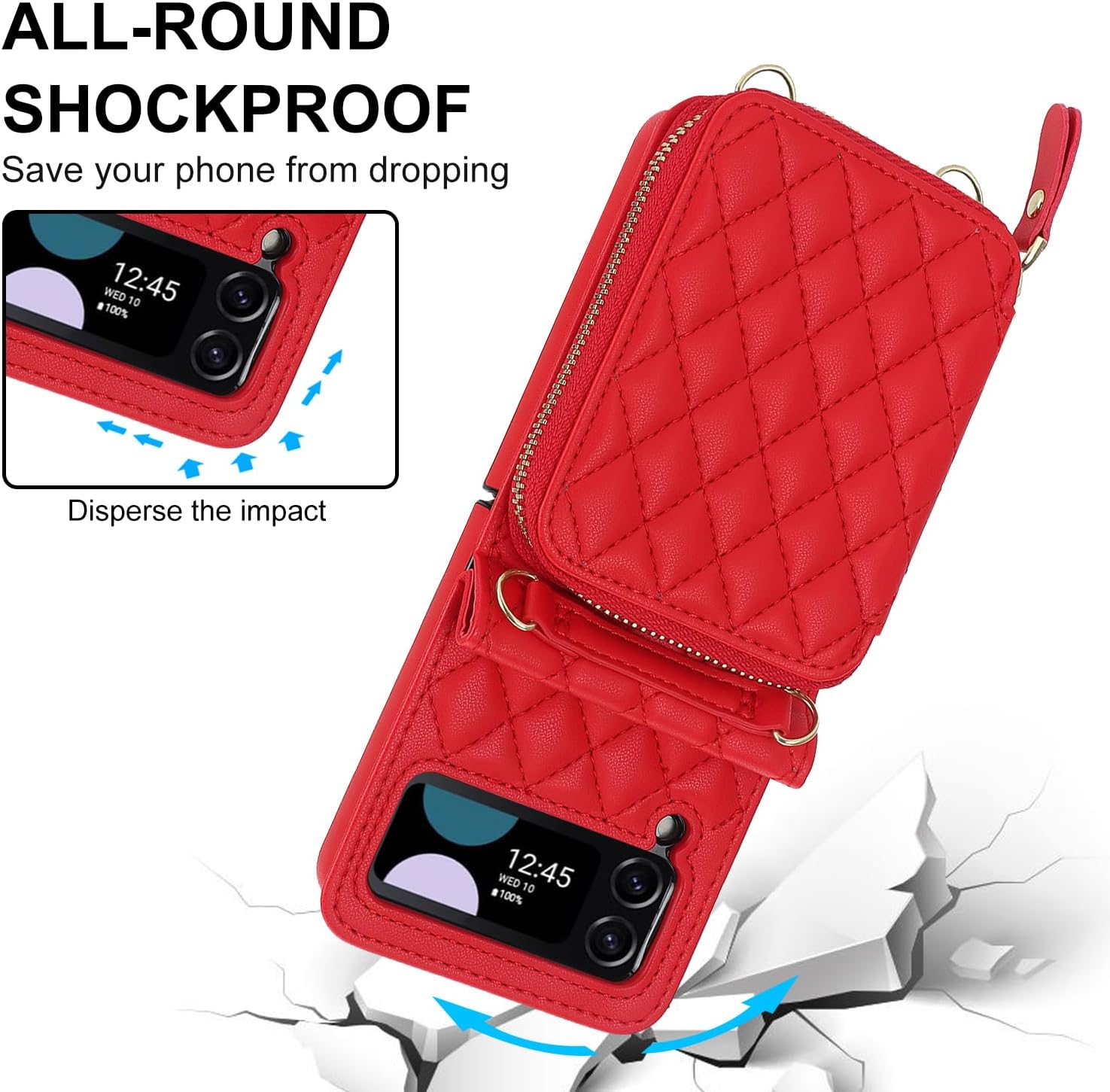 for Samsung Galaxy Z Flip 4 Case with Card Holder and Adjustable Strap, Stylish and Versatile Accessory, Heavy Duty Shockproof Case for Galaxy Z Flip 4 (Red)