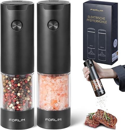 Miniatura 1 de FORLIM Juego de molinillo eléctrico de sal y pimienta, lavable mejorado, funciona con 4 pilas AAA, molino automático de operación con una sola mano