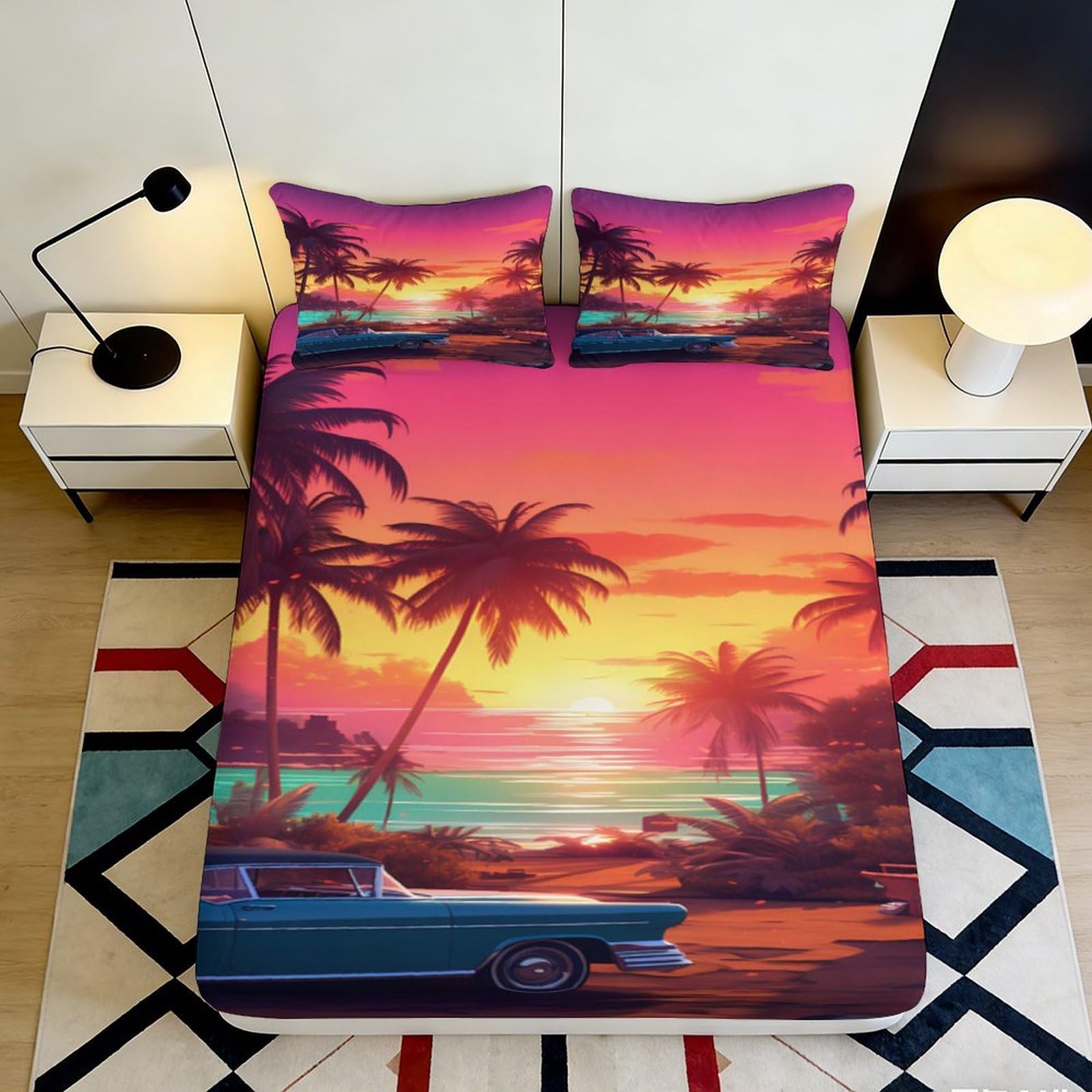 Jqzkxnhpbr Style-2 3D Printed Sunset Beach Fitted Sheet Microfiber Soft Vibrant Palm Boat Mattress Cover For Bedroom Dorm Decor 90X200x25cm