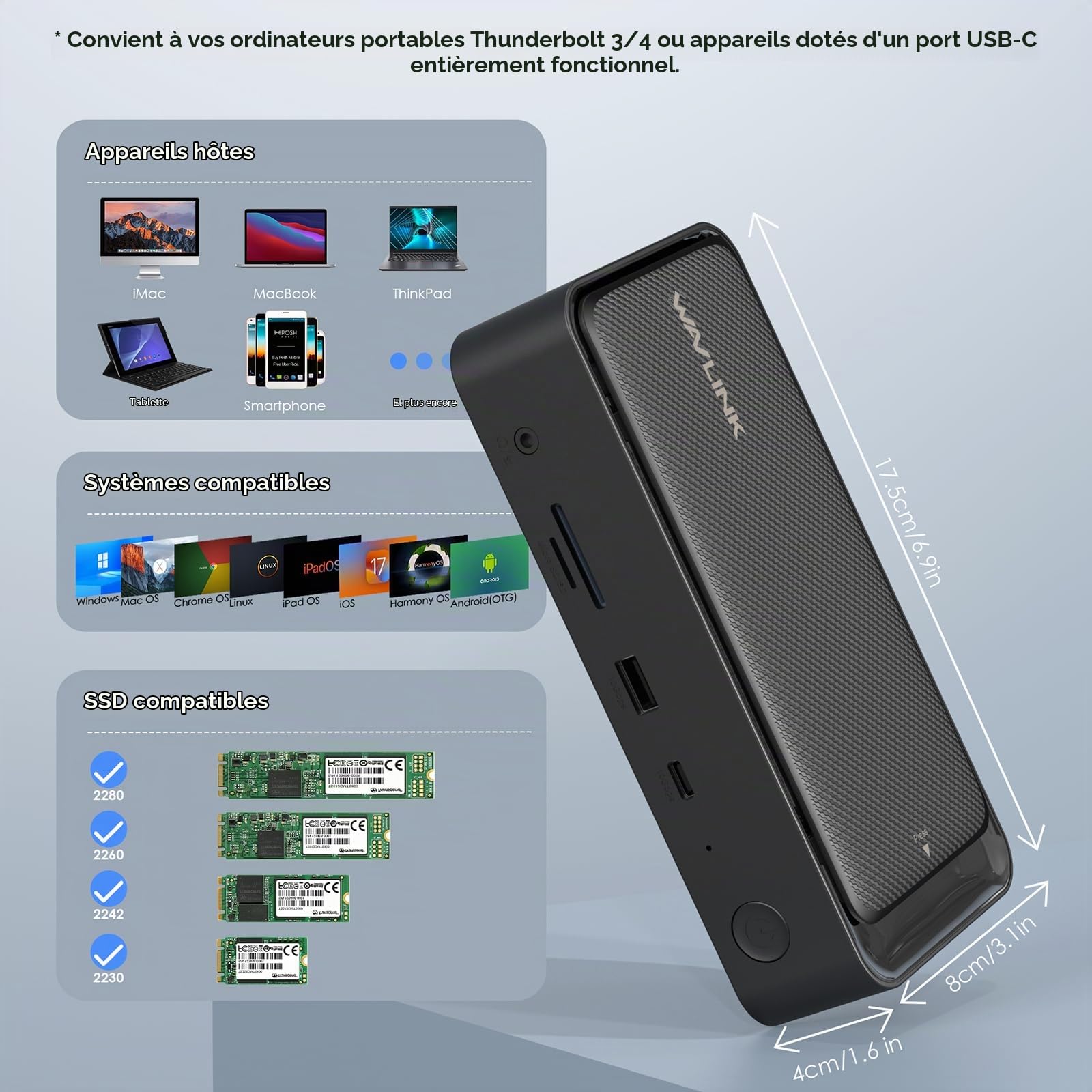 WAVLINK USB C Triple Display Docking Station, 13-In-1 Type C 10Gbps Hub avec boîtier M.2 PCIe/SATA SSD, 4K@60Hz HDMI/DP, USB C/USB-A Gen 3.2/3.1, SD/TF, Support 100W PD, Gigabit RJ45 pour Windows, Mac