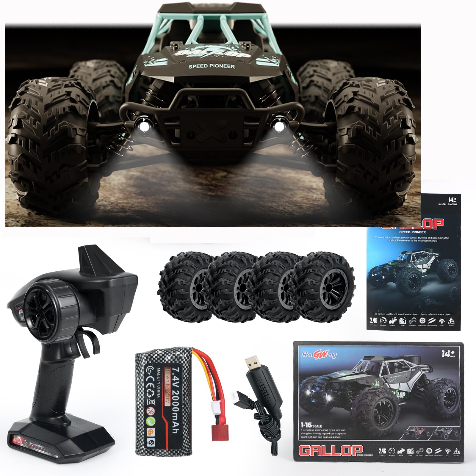 TINGEN 1:16 Fast Brush RC Trucks for Adults Max 50+ MPH, 1 AA Lithium Battery, Waterproof Remote Control Car Sand, Snow and Mud (Sky Blue 1:16)