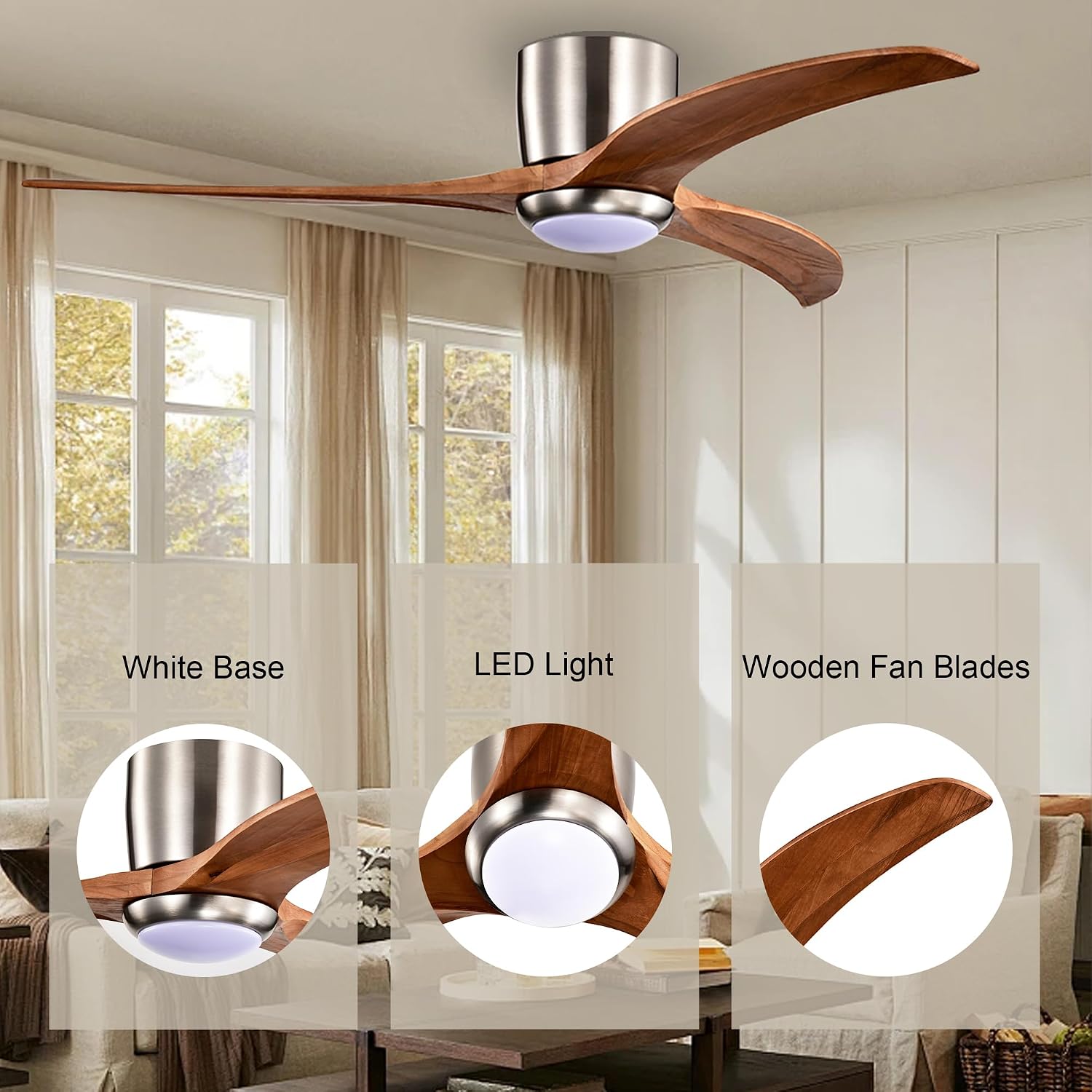 52" Modern Dimmable Chandelier Fan with Light, Low Profile Flush Mount Ceiling Fan Wooden Fandelier with Remote Reversible DC Motor Ceiling Fan for Bedroom Living Room (Nickel)