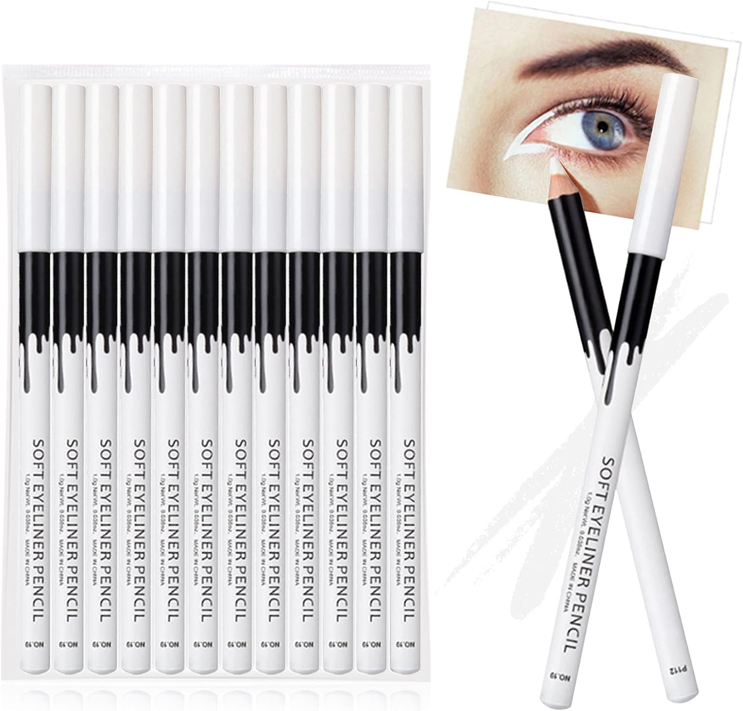 12PCS Erinde White Eyeliner Pencil, Soft Highlighter Gel Eyeliner Pencil, Eye Liner Pen, Professional Eye Bighten Eyeshadow Waterproof Matte Hypoallergenic, Easy to Colour, Skin Marker Pen