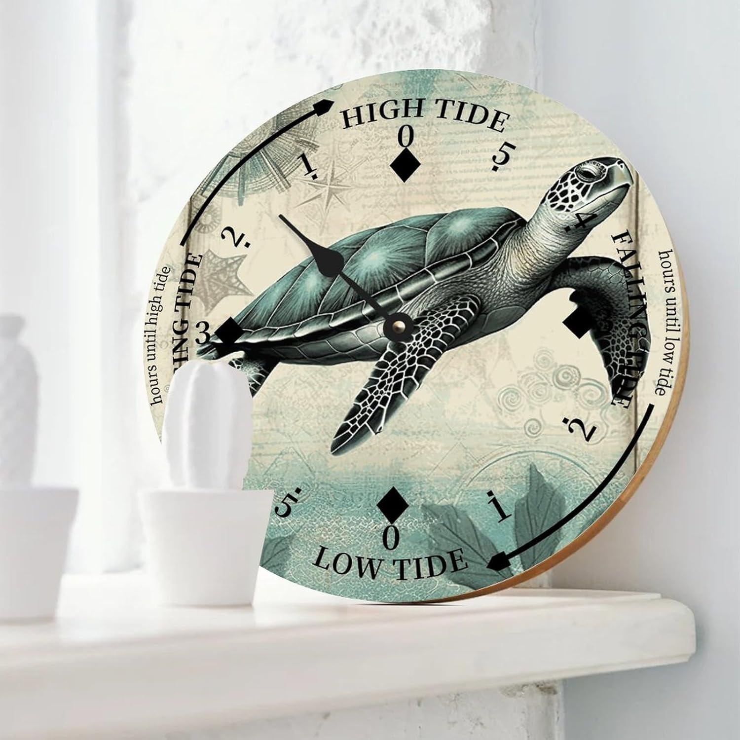 Sea Turtle Wood Tidal Clock Ocean Time Maritime Coastal Beach High Tide Low Tide Clock Rustic Wooden Nautical Tide Movement Vintage Decor for Beach House Kitchen Wall Art 15x15 in