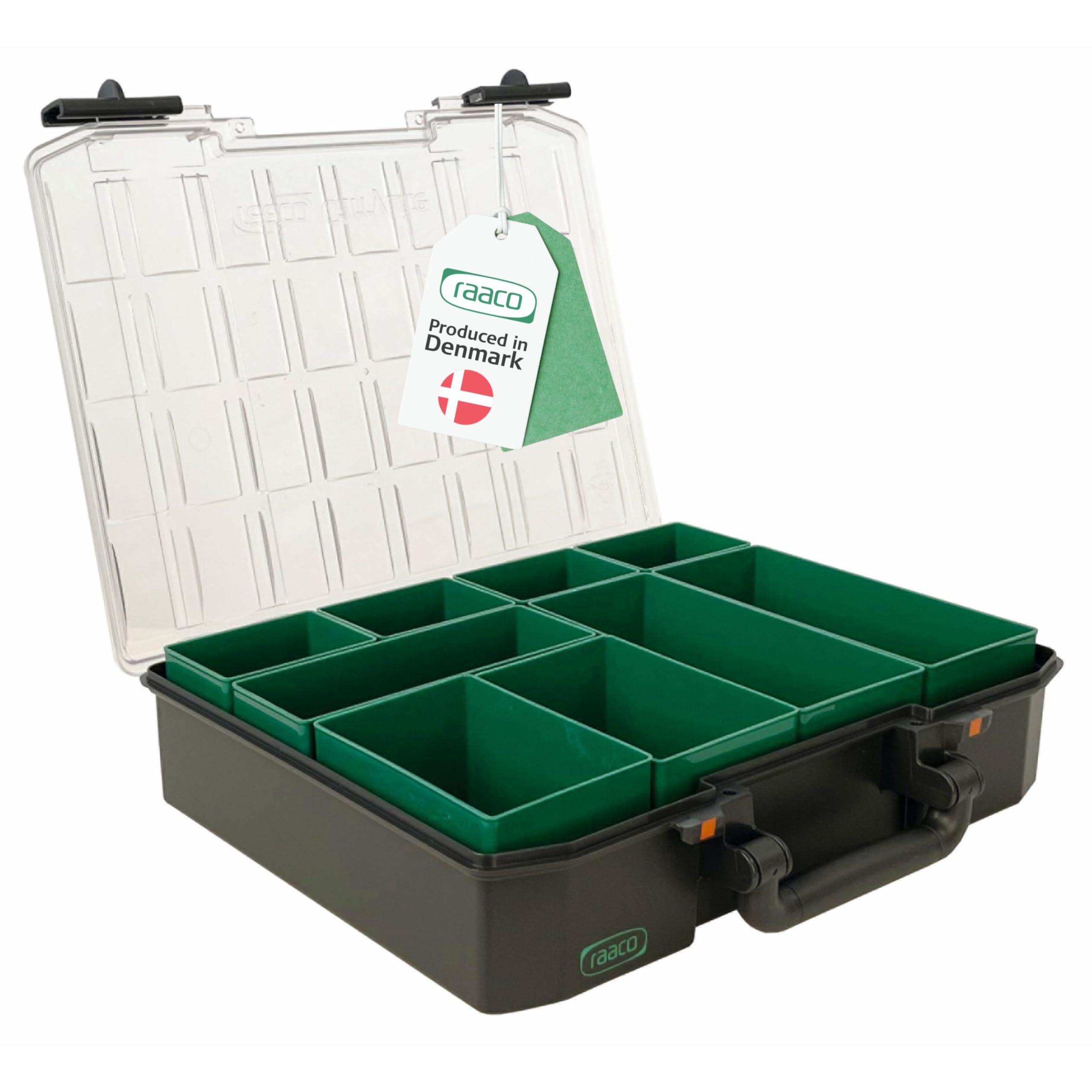 raaco CarryLite 80 4x8-9: Premium Scatola Porta Minuteria per Officina, 9 Scomparti, Cassetta Porta Minuteria, Capacità di Carico 10 kg, Coperchio Trasparente, 27,8 x 33,7 x 7,9 cm
