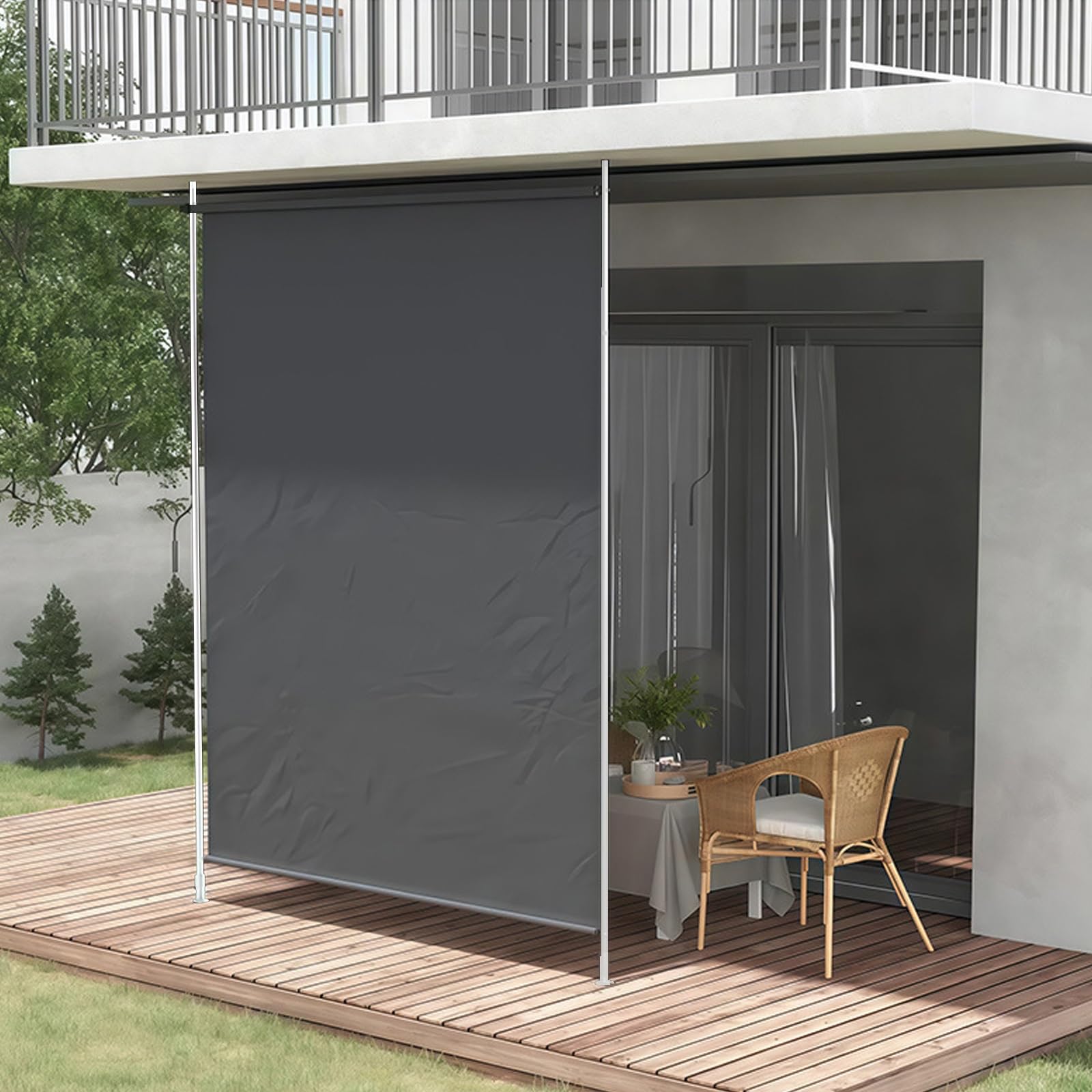 Wysuwane patio z regulacją wysokości, rolety zewnętrzne z ręczną korbą, wodoodporna tkanina blokująca promienie UV, na taras, podwórko, balkon, zaciemniająca, biało-szara, 150 cm