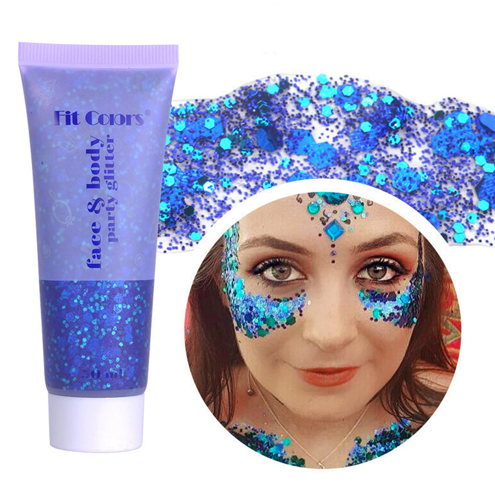 Large Tube Blue Body Glitter,Mermaid Face Glitter Gel,Sparkly Glitter Makeup Chunky Glitter for Face Body Hair Eyes Lip,Halloween Holographic Sequins Face Body Glitter for Women and Kid,50ml