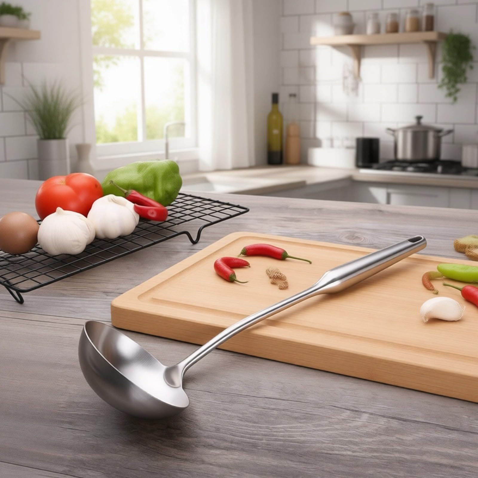 Edelstahl-Kochutensilien-Set, 6-teilig, Wok-Spatel, Schlitzspatel, Schöpflöffel, Reisschaufel, Nudelheber, Silber, einteiliges Design