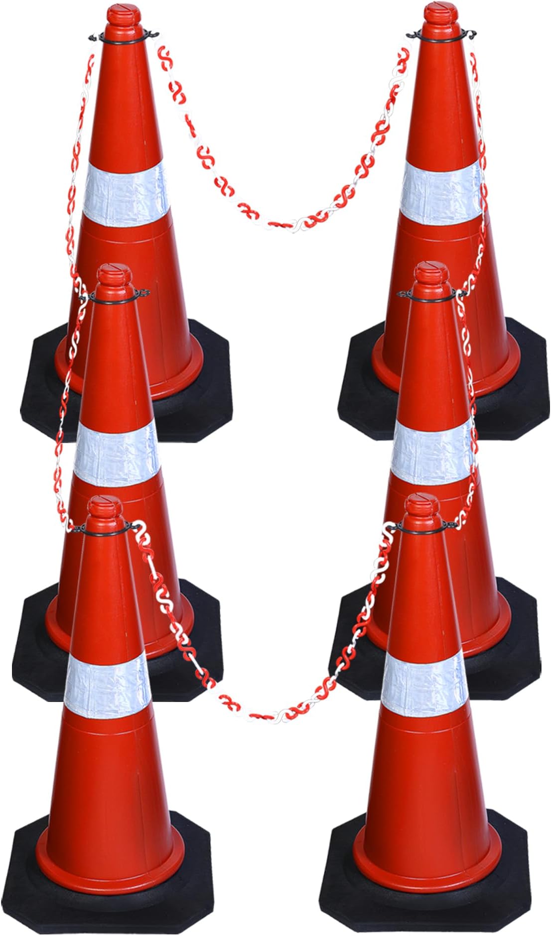 ABS INDUSTRY Safety Cones 6 Cones with 6 Meters S Hook Safety Chain and 6 Hooks Multipurpose PVC Plastic Traffic Safety Cone with Black Rubber Weighted Base and Highly Visible Reflective Collar