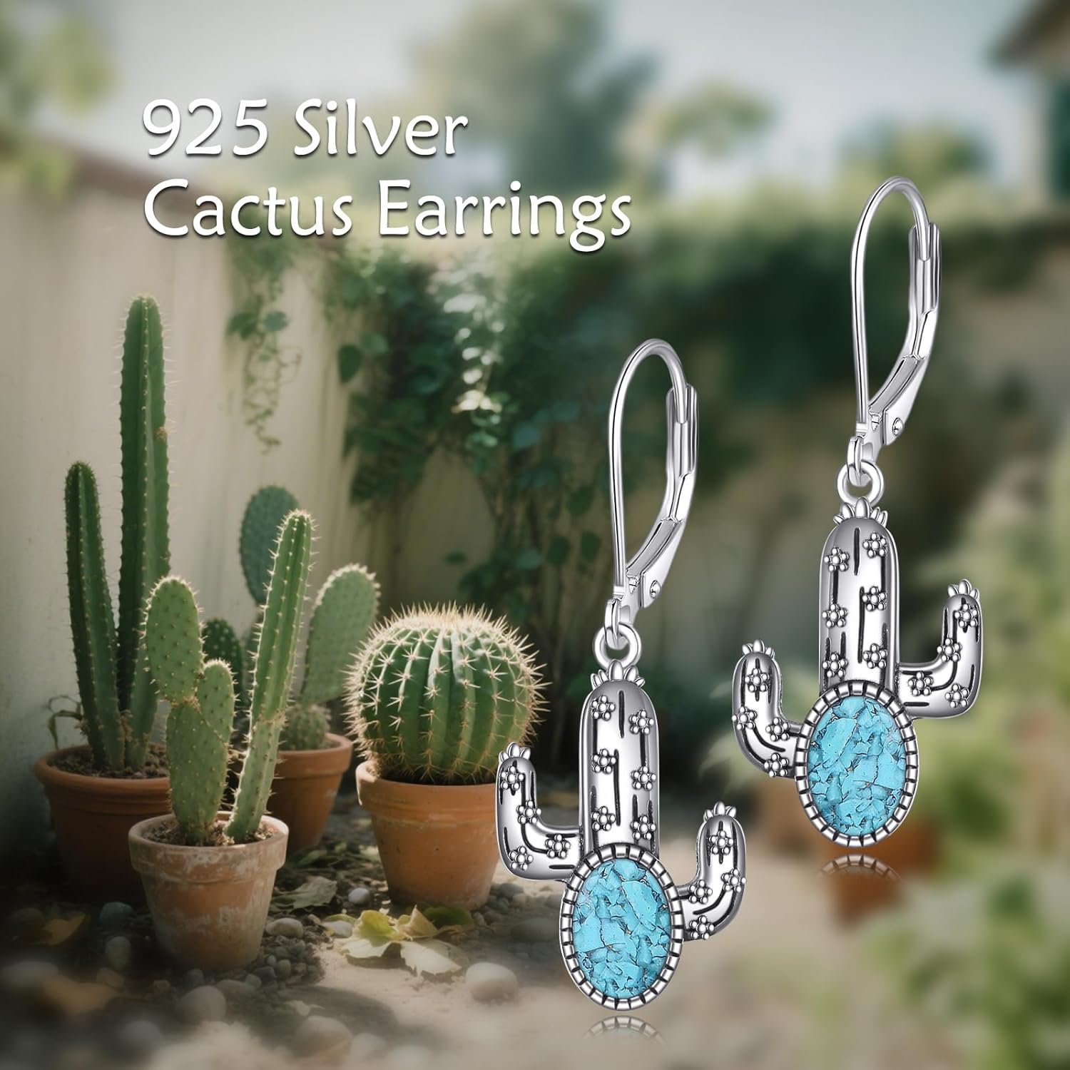 Cactus Earrings 925 Sterling Silver Turquoise Cactus Dangle Earrings Western Jewelry Gifts for Women - Image 6