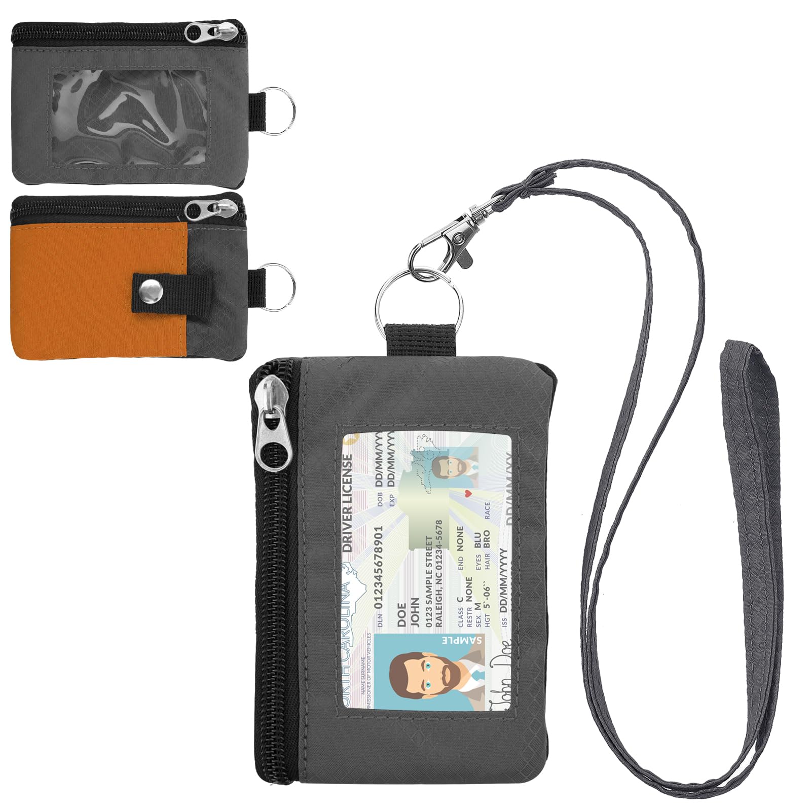 Minimalist RFID Wallet with Lanyard, Multi-functional ID Case with 2 Zipper Pockets and Key Chain for Men and Women, Tactical Badge Pouch Cards Holder, Coin Purse for Travel Sports - Gray&amp;Orange
