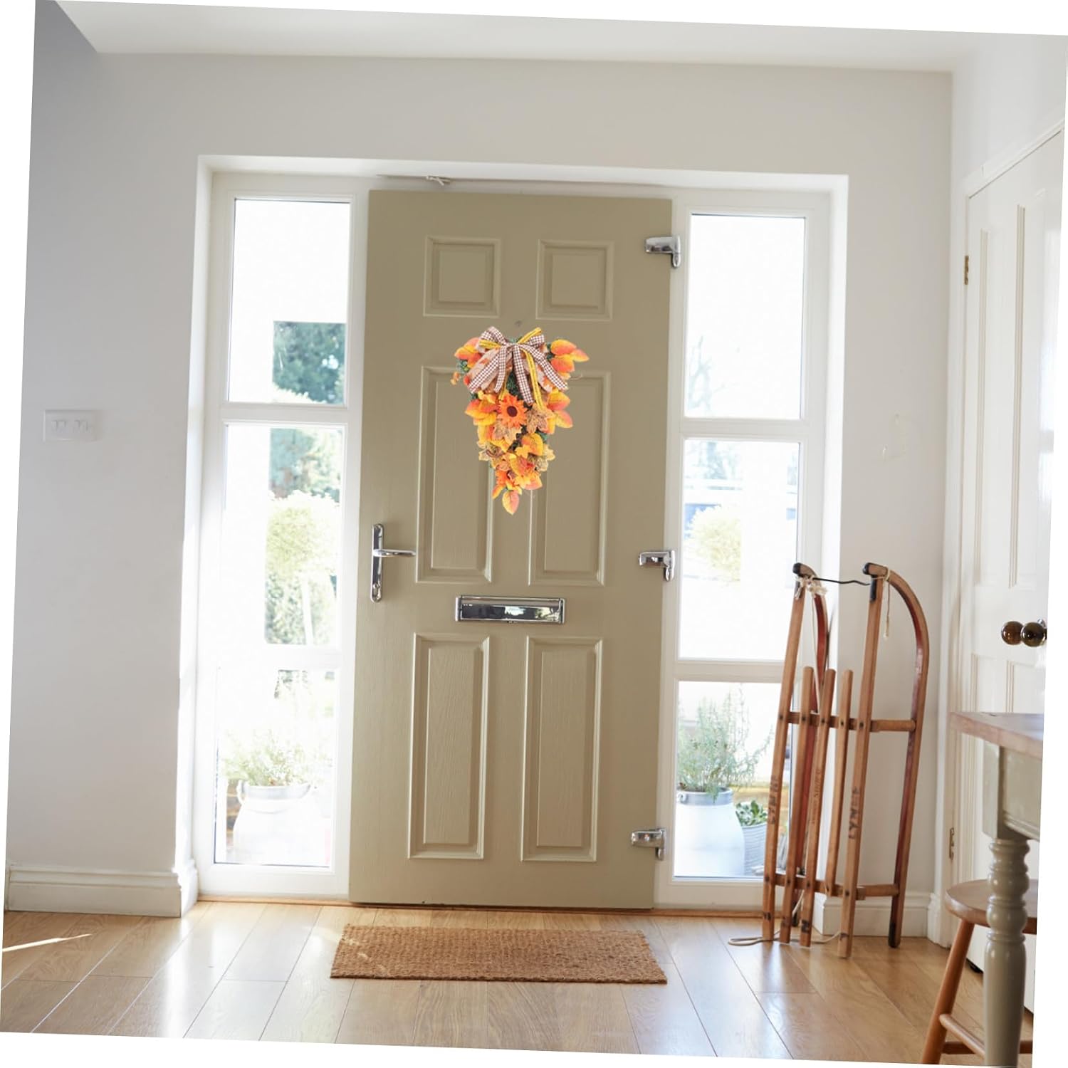 Thanksgiving Fall Wreath with Maple Leaves and Sunflowers Rustic Wall Hanging Ornament for Cozy Home Decor Elegant Autumn Garland for Front Door Decoration
