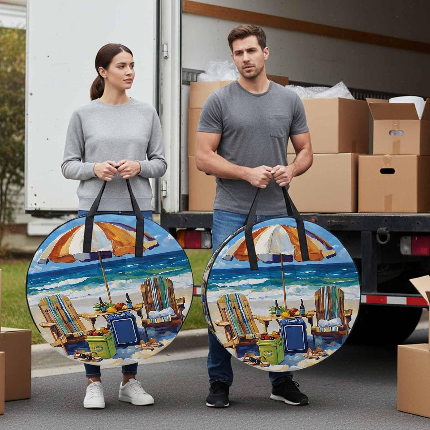 Summer Vacation Round Storage Bag 36 Inch, Ocean Beach Wood Sun Umbrella Clothes Storage Container with Handles Heavy Duty Organizer for Comforter, Bedding & Holiday Wreaths