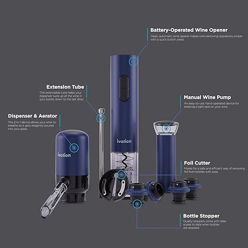 Miniatura 2 de Ivation Juego de regalo de vino todo en uno – Incluye abridor eléctrico de botellas, dispensador aireador, bomba preservadora, 2 tapones de corcho,