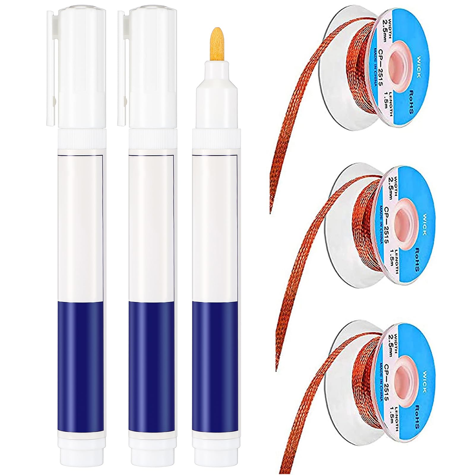 No Clean Soldering Pen and Solder Remover Wick, 0.1 Inch Wide and 59 Inch Long, Solder Braid Wick Liquid Flux for Electronics Welding Repair Tabbing Wire Maintenance