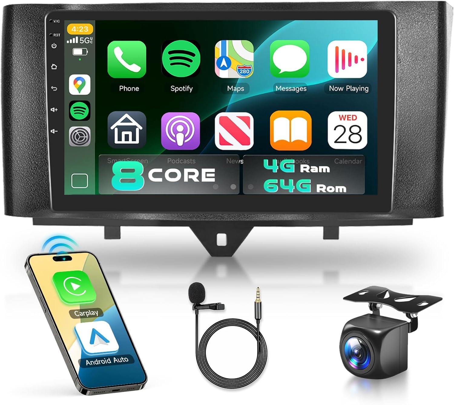 5/6GhzWiFi 8 Core 4GB+64GB for Mercedes Benz Smart Fortwo 2011-2015 Car Stereo Radio with 9 Inch IPS Touchscreen Carplay/Android Auto DSP Hi-Res GPS Android 15 FM/RDS SWC Camera