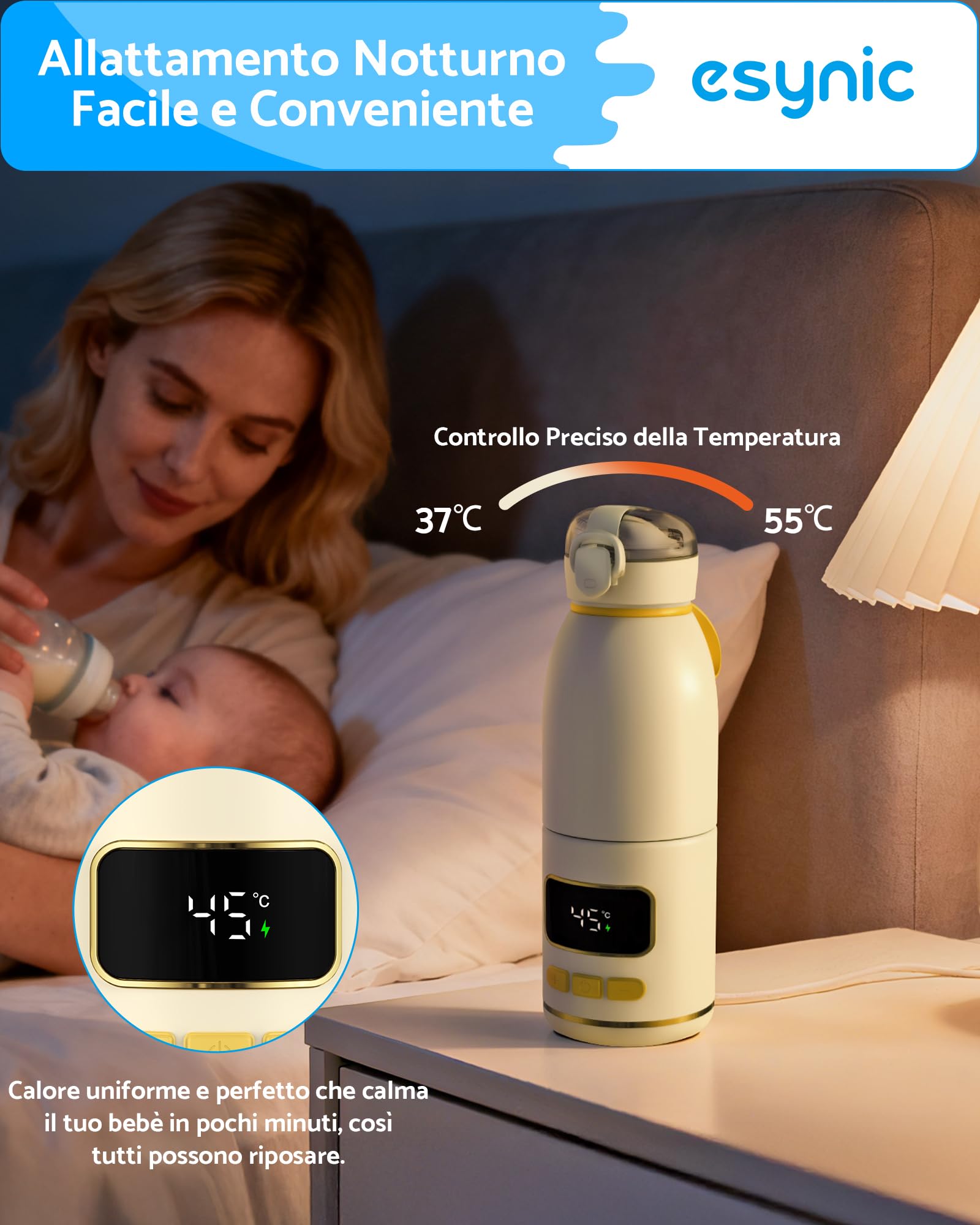 eSynic Scaldabiberon Portatile 450ml in Acciaio Inox, Riscaldamento Rapido 2-3 Minuti, Batteria Lunga Durata 15000mAh, LED Display Temperatura 37-55°C, Bottiglia Ricaricabile in Movimento