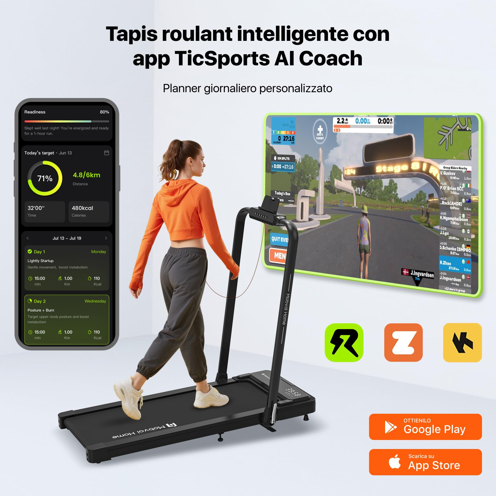 Mobvoi Home Treadmill Plus Tapis roulant AI Intelligente pieghevole 3 in 1 Tappetino da passeggio 1-12 km/h Walking Pad Compatto sotto la scrivania Corsa per casa e ufficio TicSports APP 120 kg