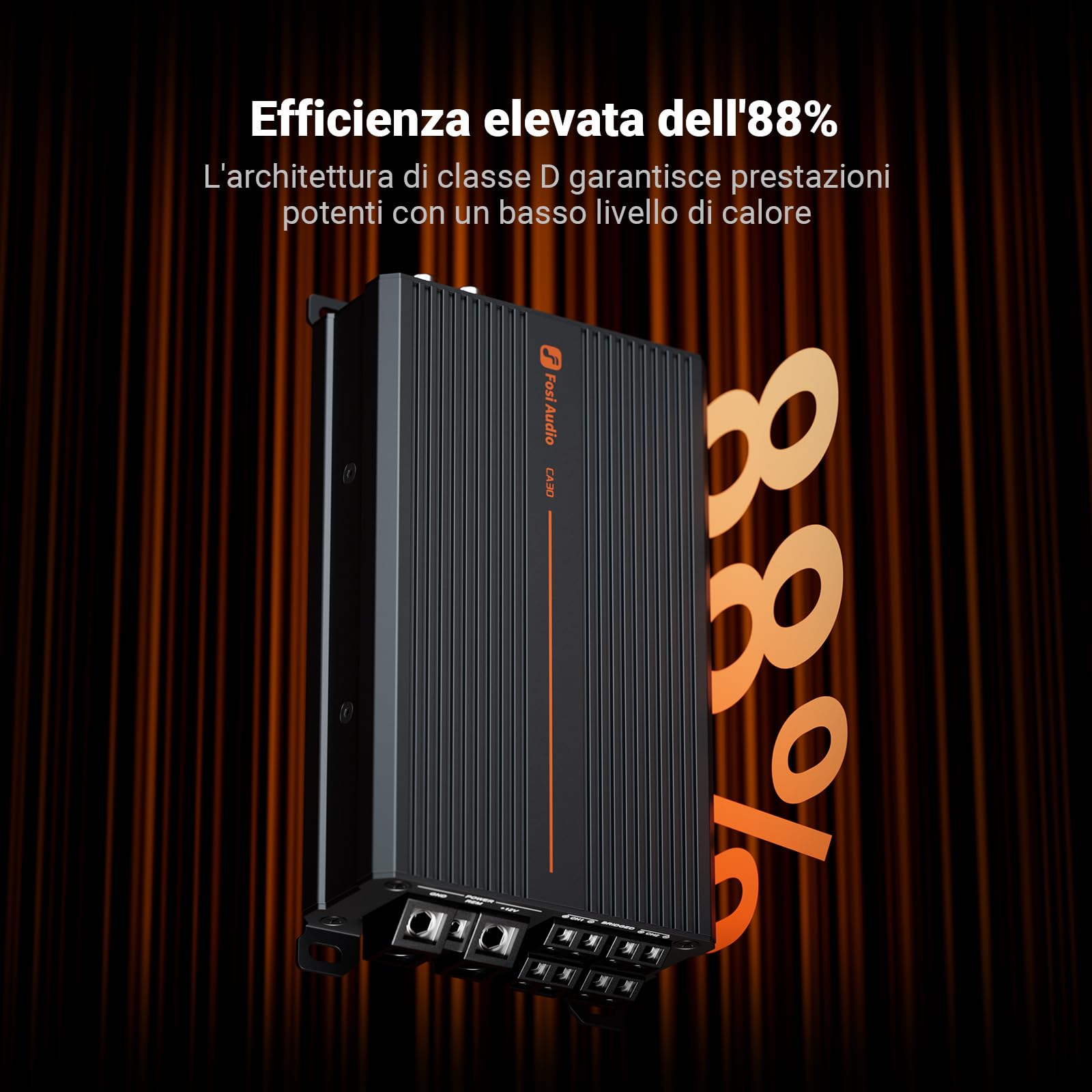 Fosi Audio CA30 Amplificatore per Auto a 4 Canali Classe D, Crossover Indipendente RCA/Ingresso ad Alto Livello, Efficienza dell'88% 100Wx4@4 Ω/320W in Ponte, per Impianto Audio Stereo per Auto