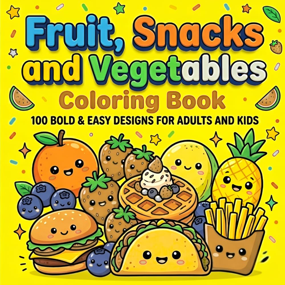 Fruit Snacks and Vegetables Coloring Book: 100 Bold and Easy Designs for Adults and Kids