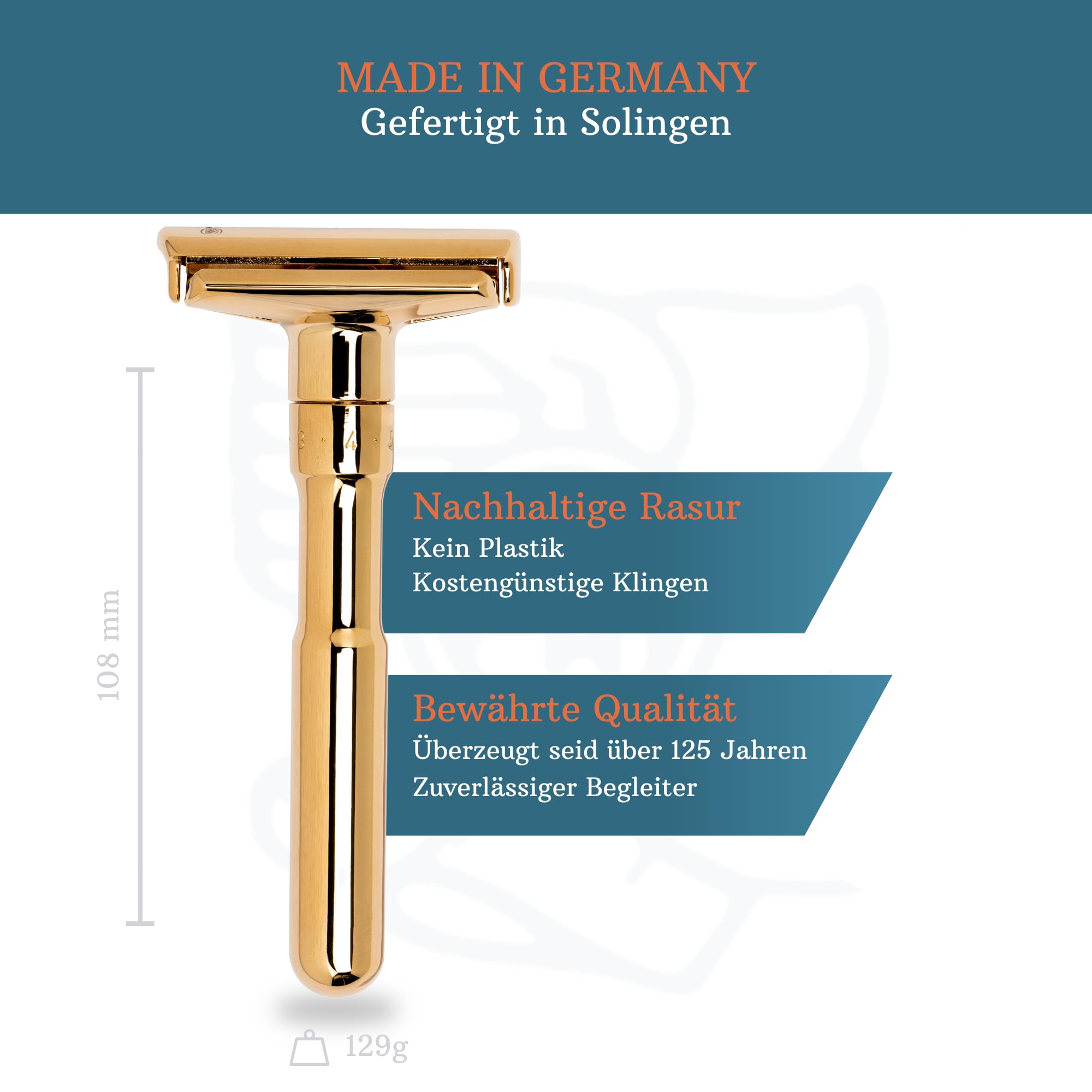MERKUR Glanzgold 702003 - Maquinilla de afeitar (2 piezas, corte recto, ideal para afeitado en húmedo, zinc fundido, mango de latón, fabricado en Alemania
