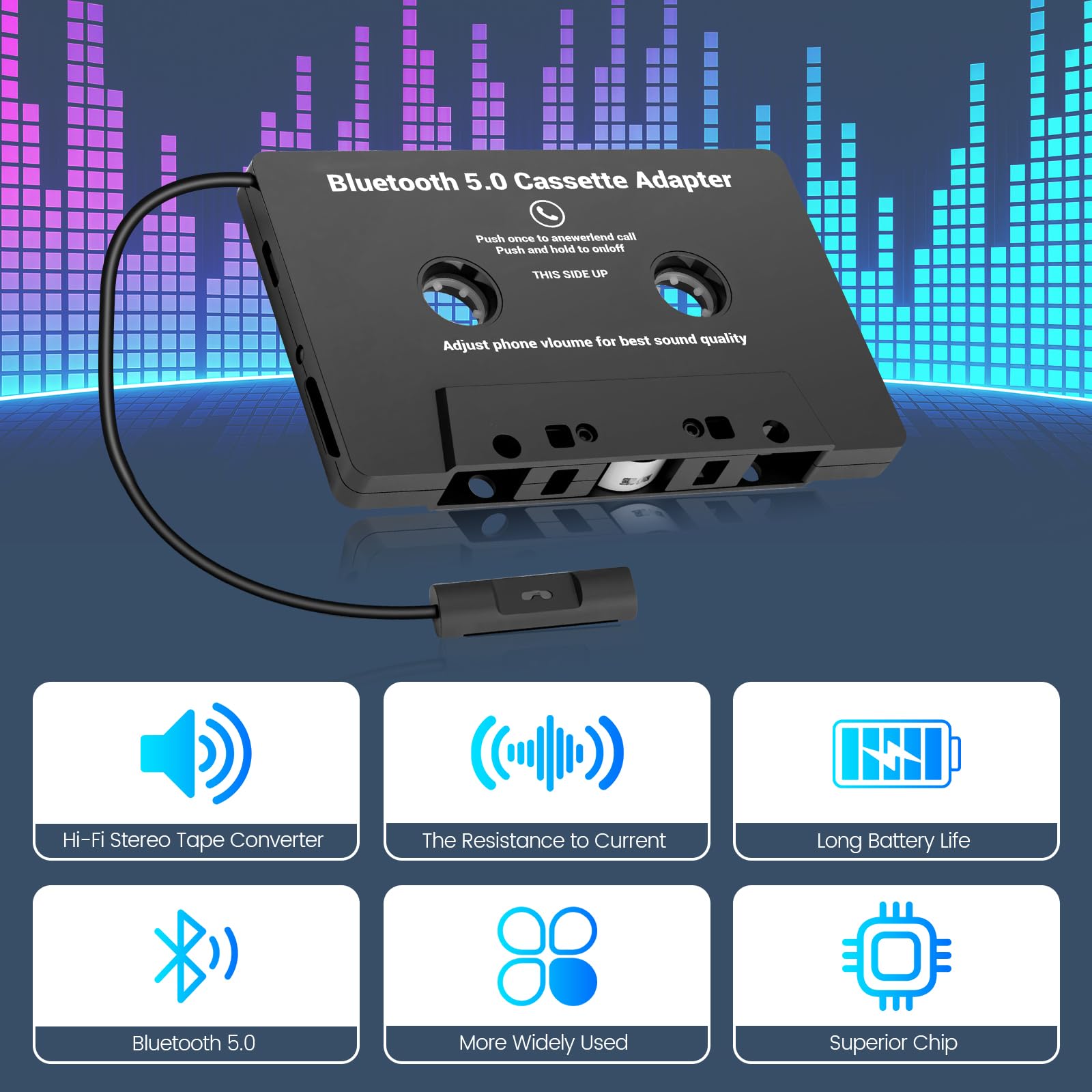 Jaxiyun Adaptateur de Cassette Voiture Bluetooth 5.0, Adaptateur pour Cassette vers AUX avec Microphone Intégré pour des Appels en Mains Libres sans Fil Universel,pour DVD Radio - 4