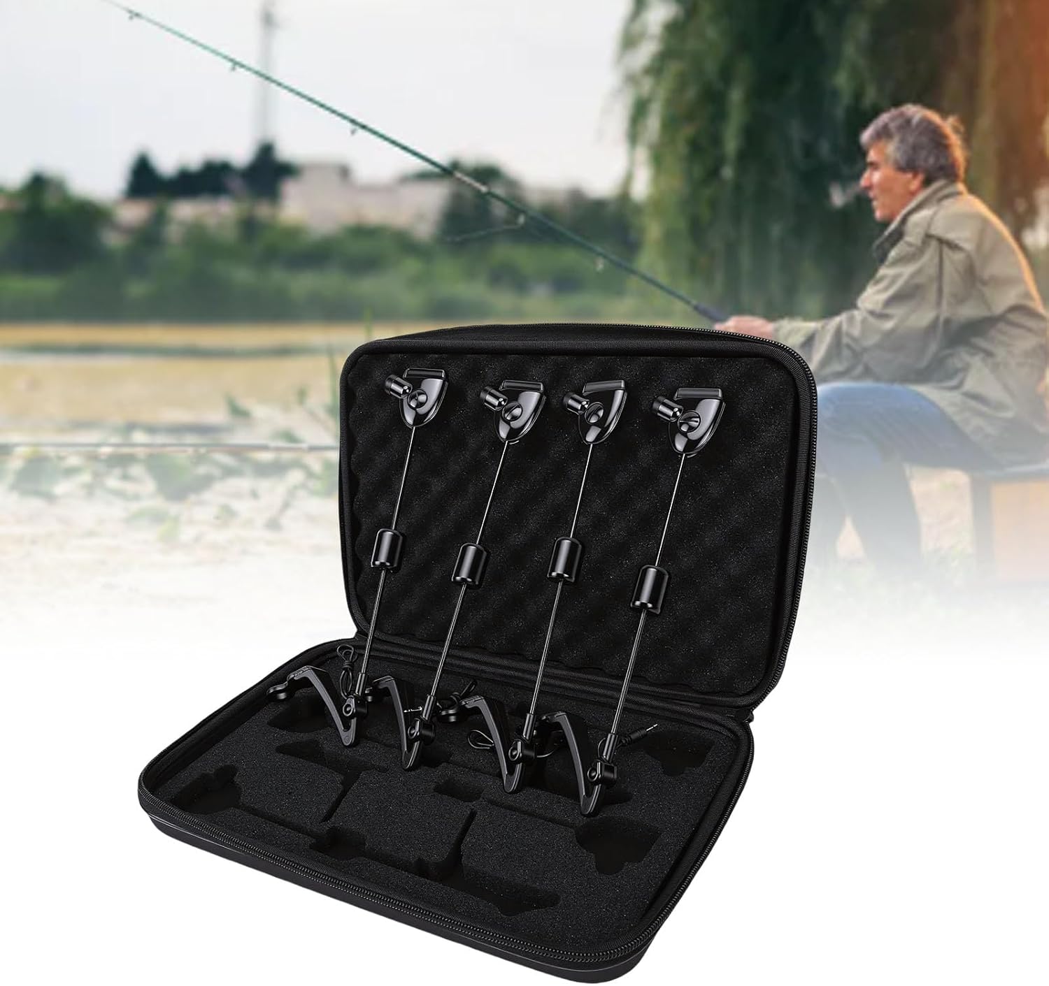 4 Pack Fishing Bite Alarm Set, LED Illuminated, Metal and Plastic, Compact Indicators for Night Fishing Enthusiasts