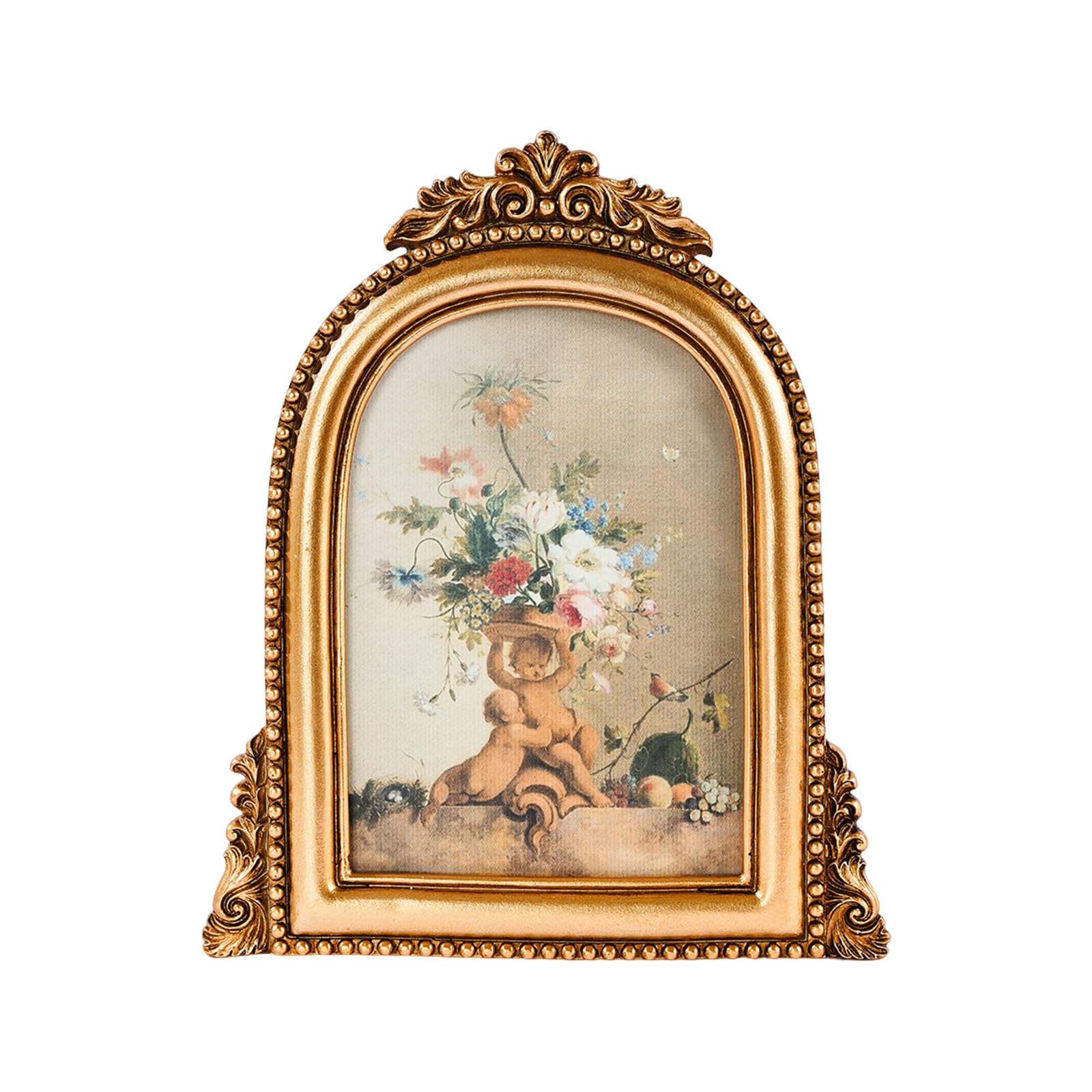 BELOWSYALER Classical Arched Shape Resin Picture Frame in Antique French Design with Intricate Carving Decorative Photo Frame for Living Room Resin Photo with Easels for Tabletop & Wall