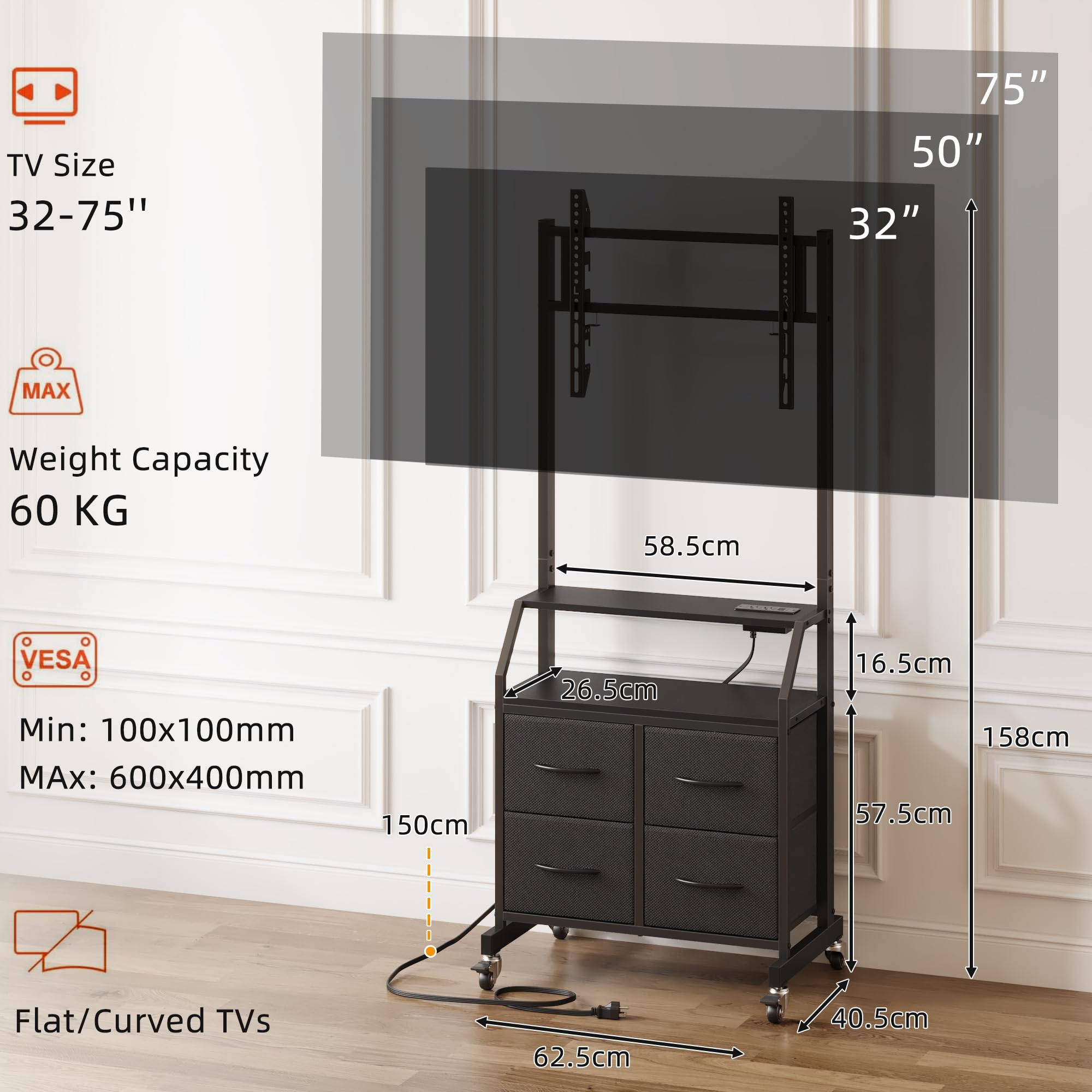 OYRREU LED Light TV Stand on Wheels with Mount and Power Outlets, Rolling TV Stand Adjustable Height & 4 Drawer Storage,Black - 4