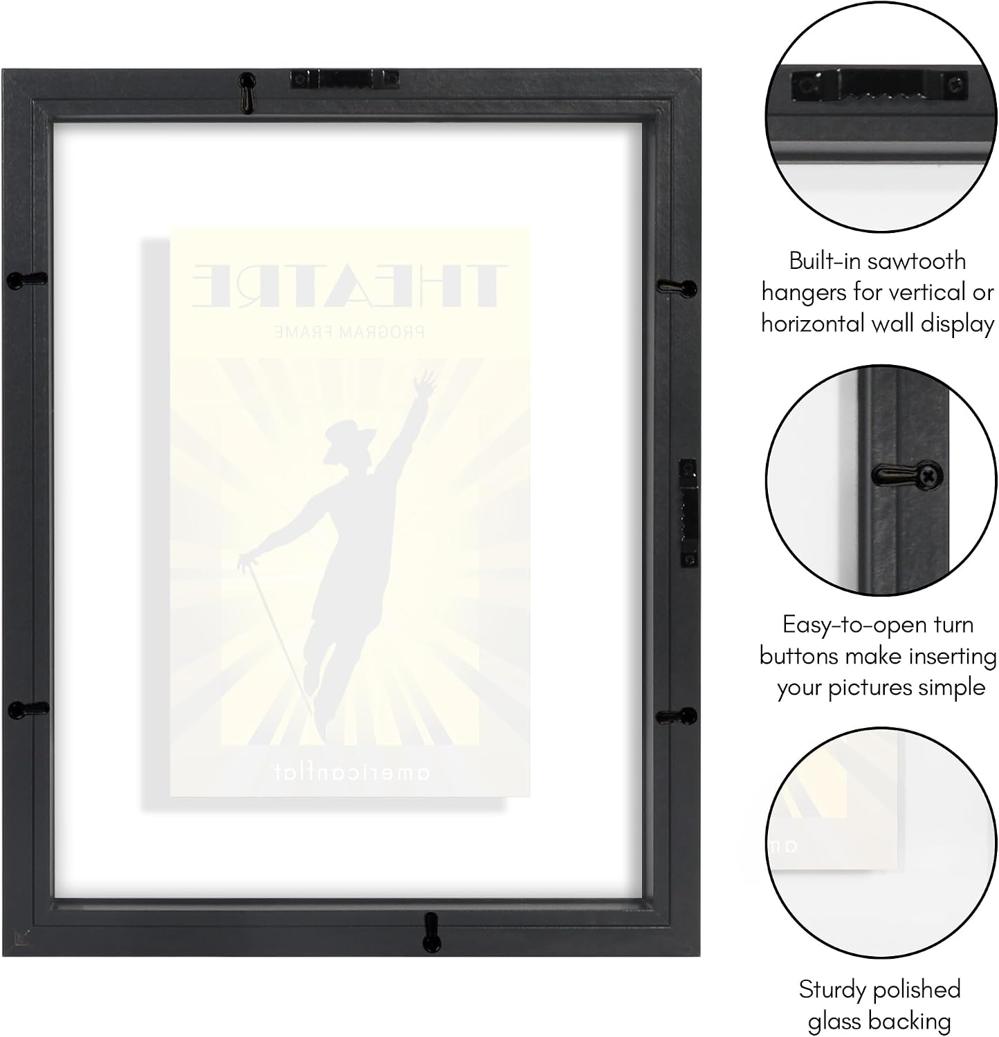 Americanflat 9.5x12.5 Playbill Frame with Shatter-Resistant Glass - Signature Float Collection - Engineered Wood Molding - Floating Frame for Wall Display - Black