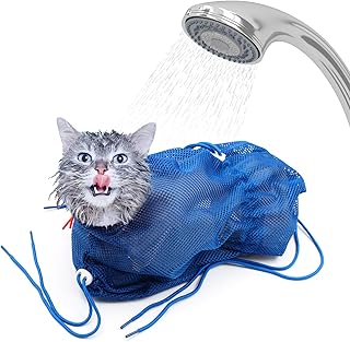 Cat Bathing Bag, Adjustable Cat Shower Net Bag, Anti-Scratch Breathable Mesh Soft Cat Washing Bag (Blue-Orange)